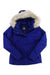 Women's insulated ski jacket, royal blue with cream faux-fur hood and front zipper.