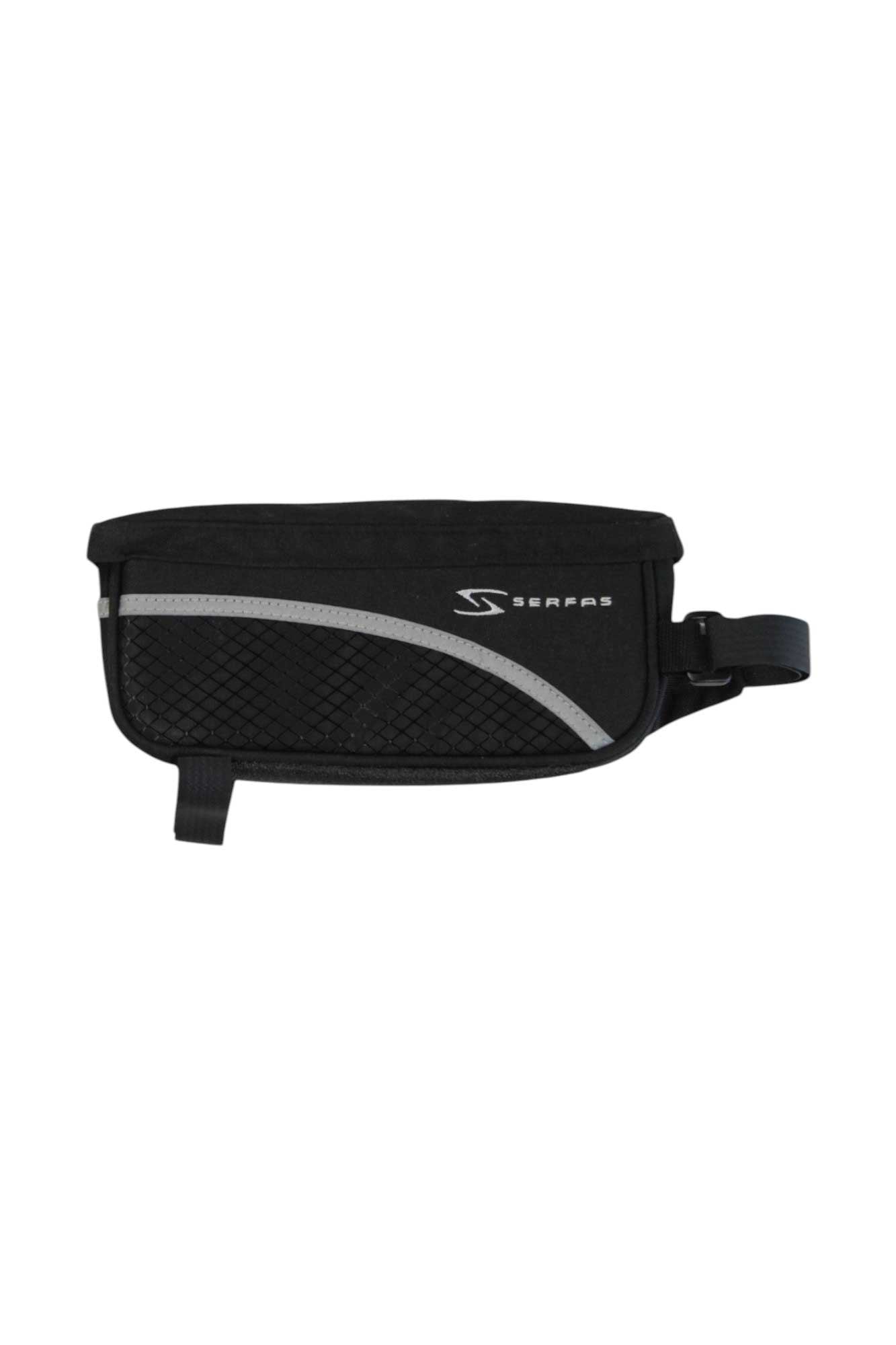 Serfas medium black nylon top-tube stem bag, side view with gray stripe and buckle strap