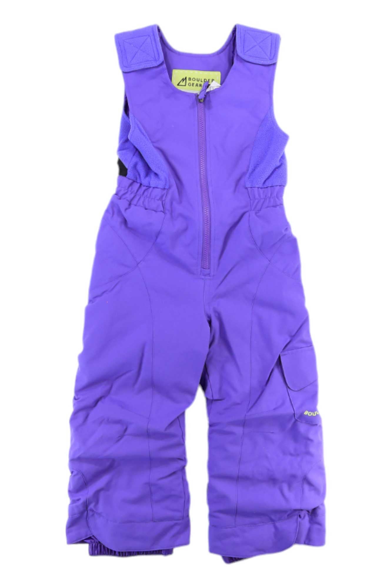 Boulder Gear Hailey Bib Snow Pants for Toddlers/Kids in bright purple, featuring shoulder straps, a front zipper, and waterproof insulation. The bibs are displayed flat on a white background.