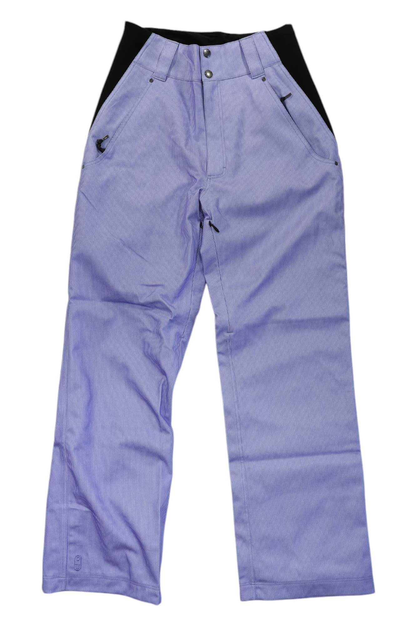 The Airblaster Womens High Waisted Trouser Pant features light purple color, straight leg cut, black waistband sides, button and zipper closure, and zippered front pockets. These snow pants are shown on a white background.