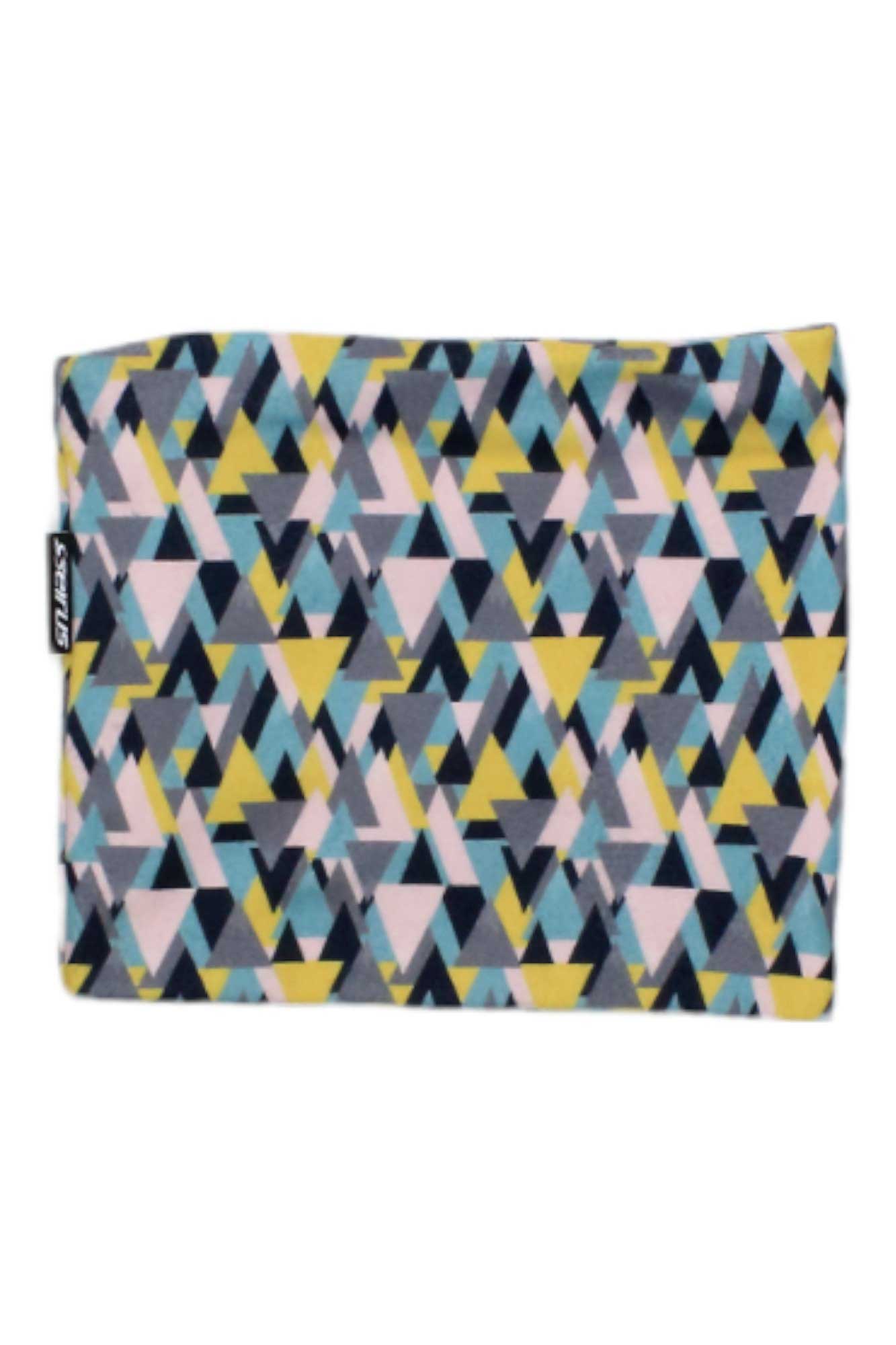 The Seirus Junior Micro Fleece Neck Up Gaiter features a vibrant geometric pattern in yellow, blue, pink, black, and gray. A small black tag with white text is on the left side—an ideal kids' winter accessory.