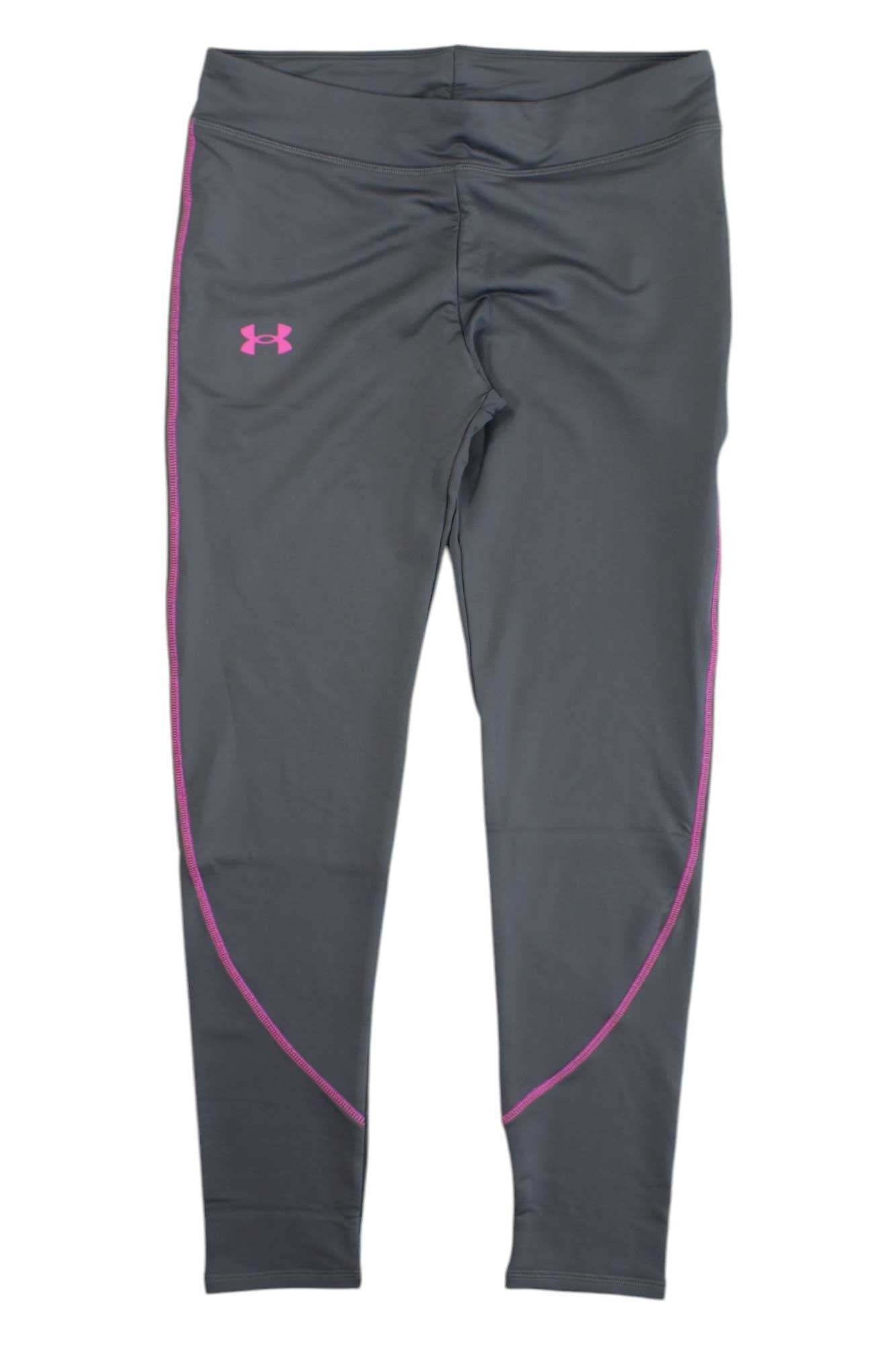 Girls' cozy dark gray leggings with pink side stripe and Under Armour logo