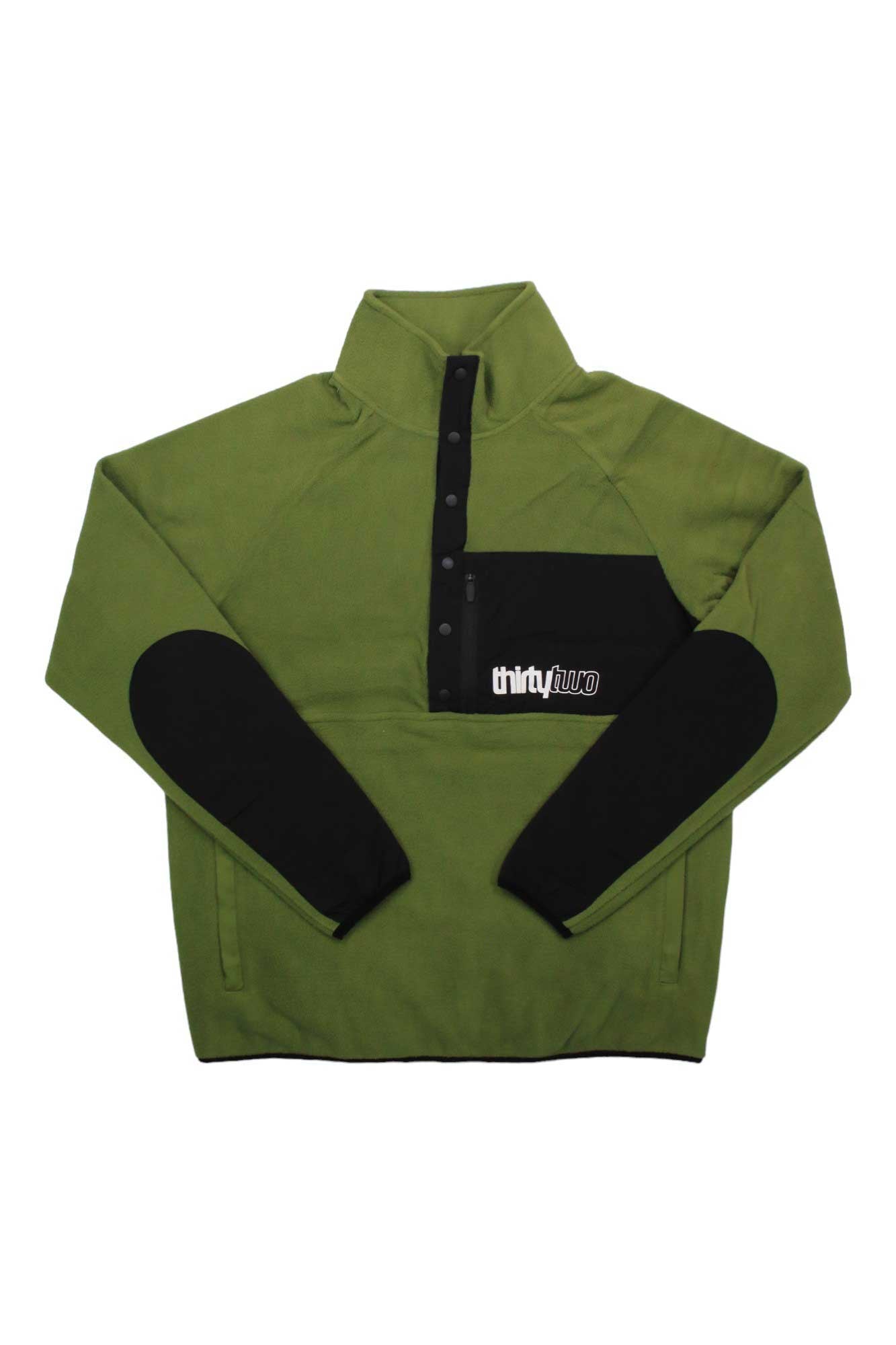 The ThirtyTwo Mens Rest Stop Anorak is an olive green fleece polyester pullover with black elbow patches, a snap button placket, black chest pocket, and white-orange ThirtyTwo logo—perfect for snowsports.