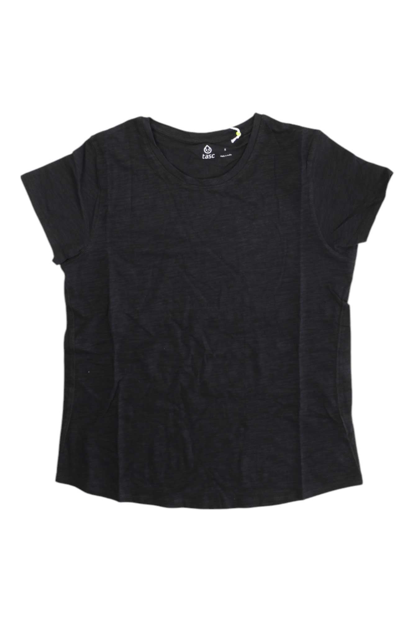 Women's black short-sleeve performance tee, crew neckline
