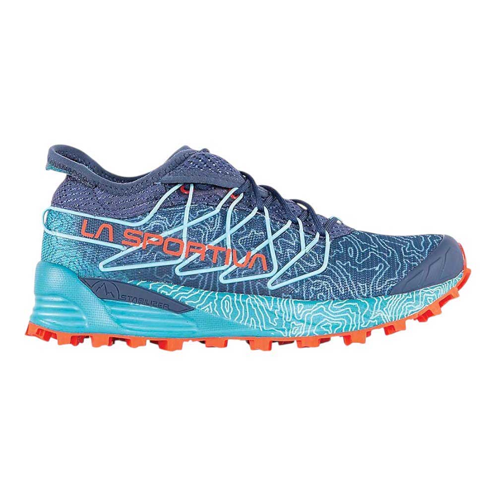 La Sportiva women's Mutant trail shoe in blue with teal sole and red outsole lugs