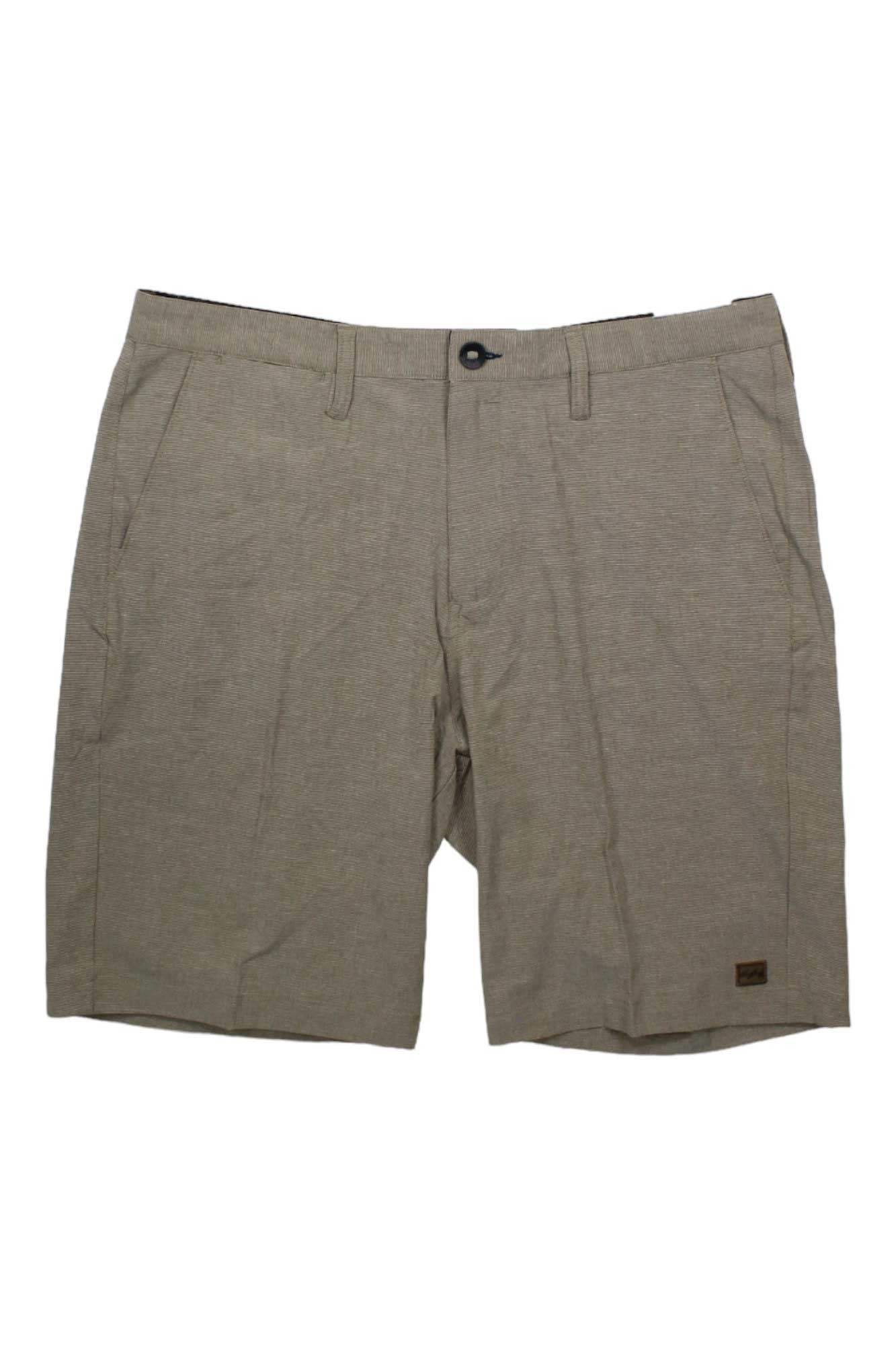 The Billabong Mens Crossfire Short in tan or light brown features side pockets, belt loops, and a button waist closure, shown against a white background.