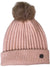 The Pistil Womens Piper Beanie is a light pink ribbed knit hat with a folded brim and a large brown faux fur pom-pom on top. A small round black logo patch on the brim adds a stylish touch, making it perfect for chilly days.