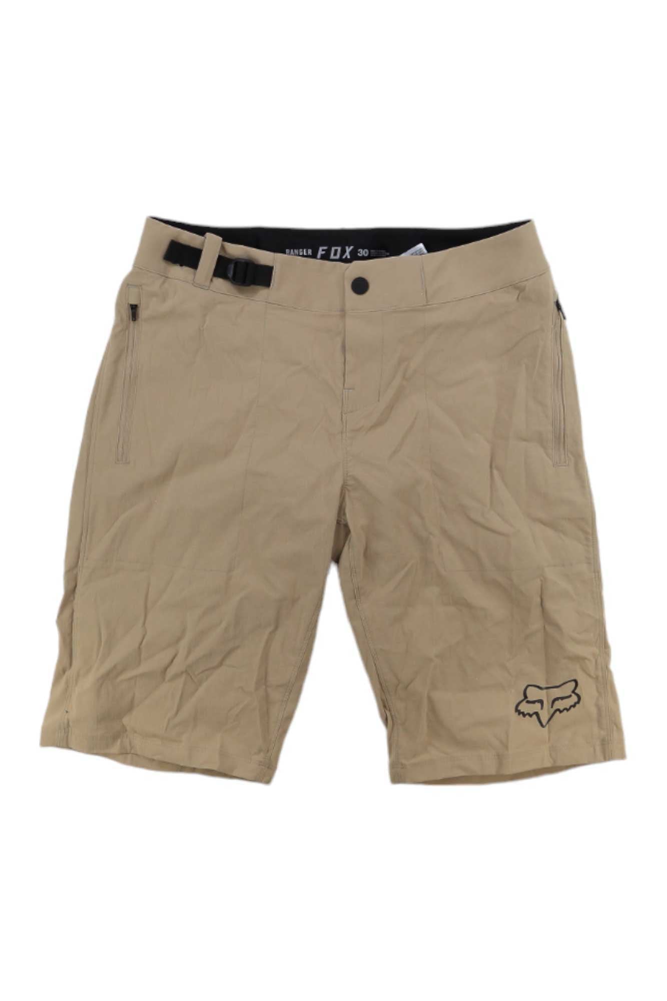 Tan ranger shorts with liner, belt loops, button closure, Fox logo on right leg