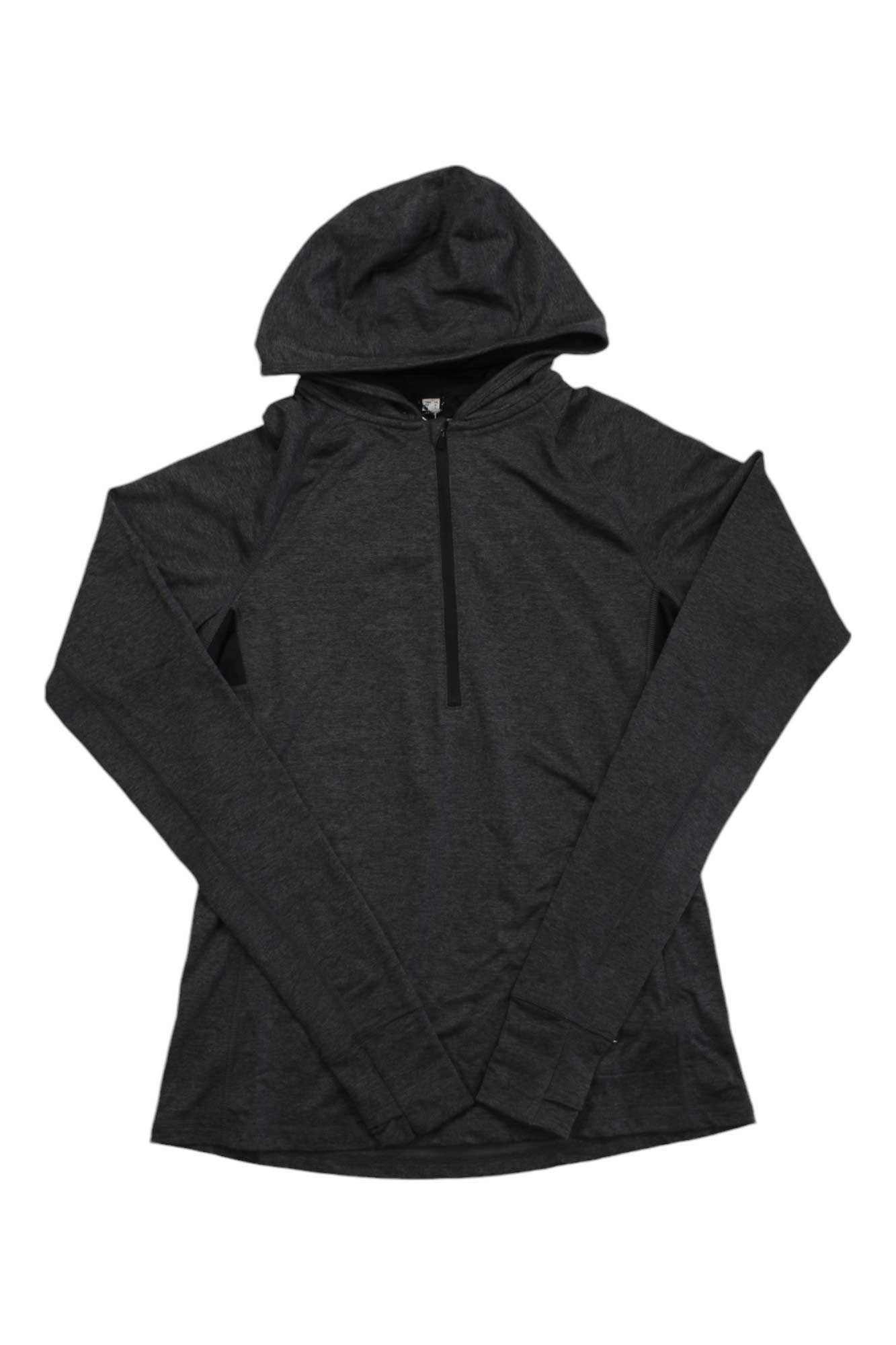 The Club Ride Womens Sprint Hoody is a black, long-sleeve hoody with a relaxed fit and front half-zip closure, perfect for mountain biking adventures.