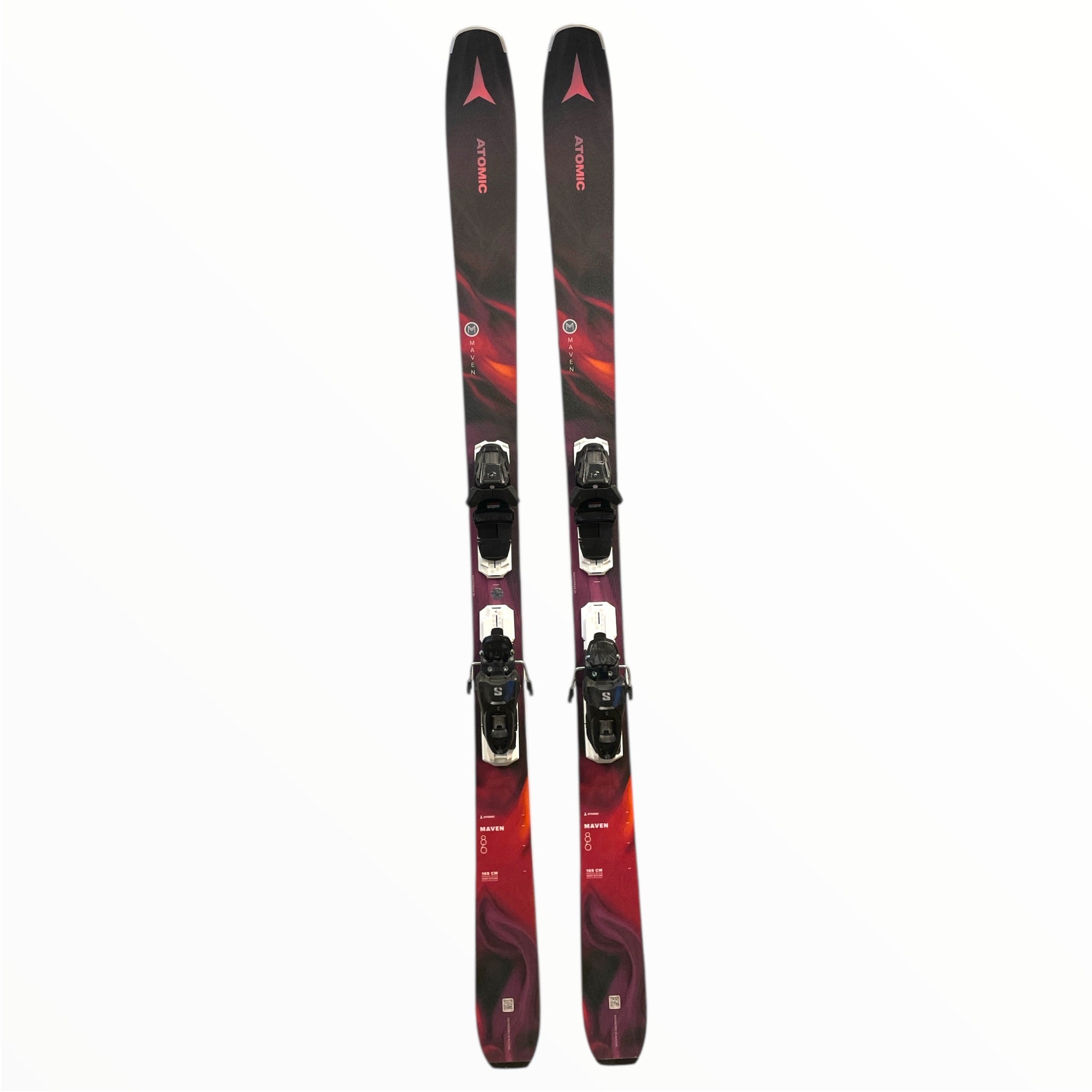 The Atomic Maven 86 Ski + Salomon M10 GW Bindings in Edge Rust, shown side by side on a white background, are designed for versatile mountain performance.