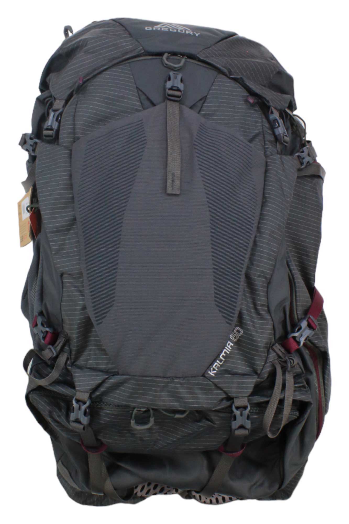 A large, dark gray hiking backpack with multiple straps, buckles, and pockets. The Kalmia 60 Pack name is visible on the front panel, and it features a ventilated backpanel plus an adjustable shoulder harness for comfort.