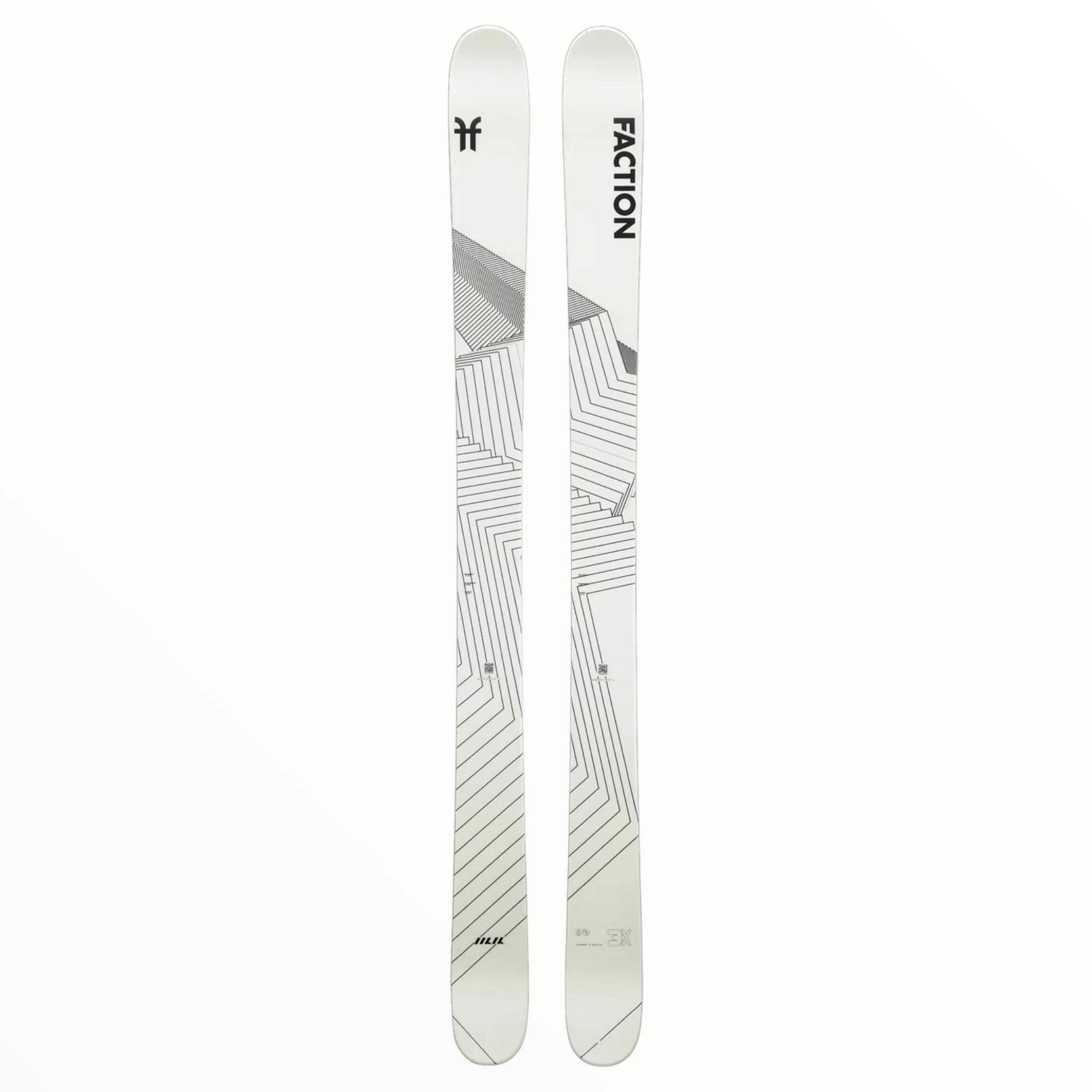 The Faction Mana 3X Skis - 2024 are white freeride skis featuring black geometric line patterns and "FACTION" printed near the top, shown side by side on a plain white background.