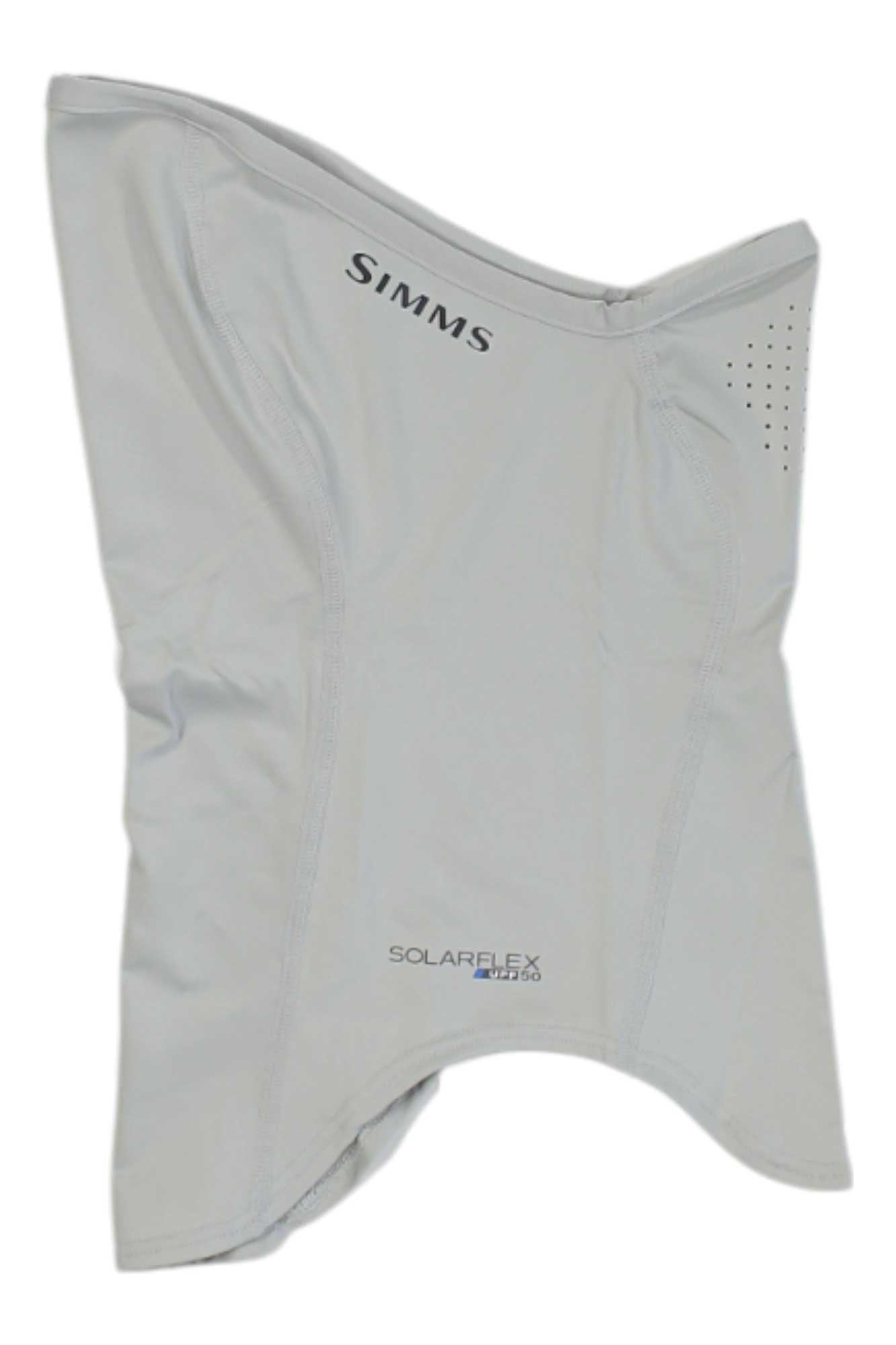 A light gray Simms Mens SunGaiter, made from stretchy, quick-drying, and sun-protective fabric with small ventilation holes and visible seams, is displayed on a white background.