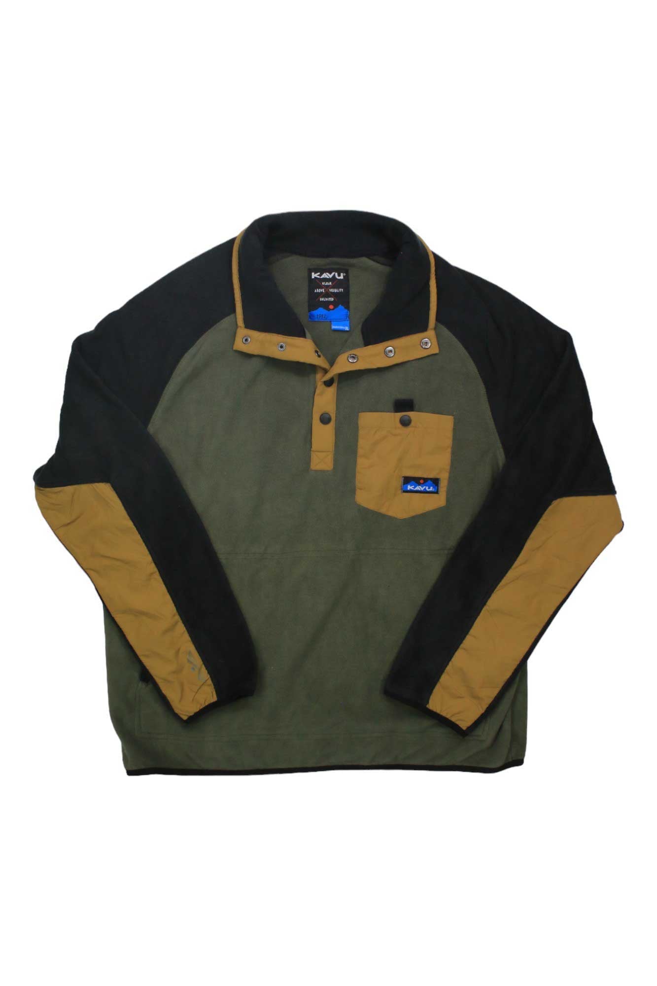 Men's pullover top with olive body, tan yoke, snap placket, and chest pocket