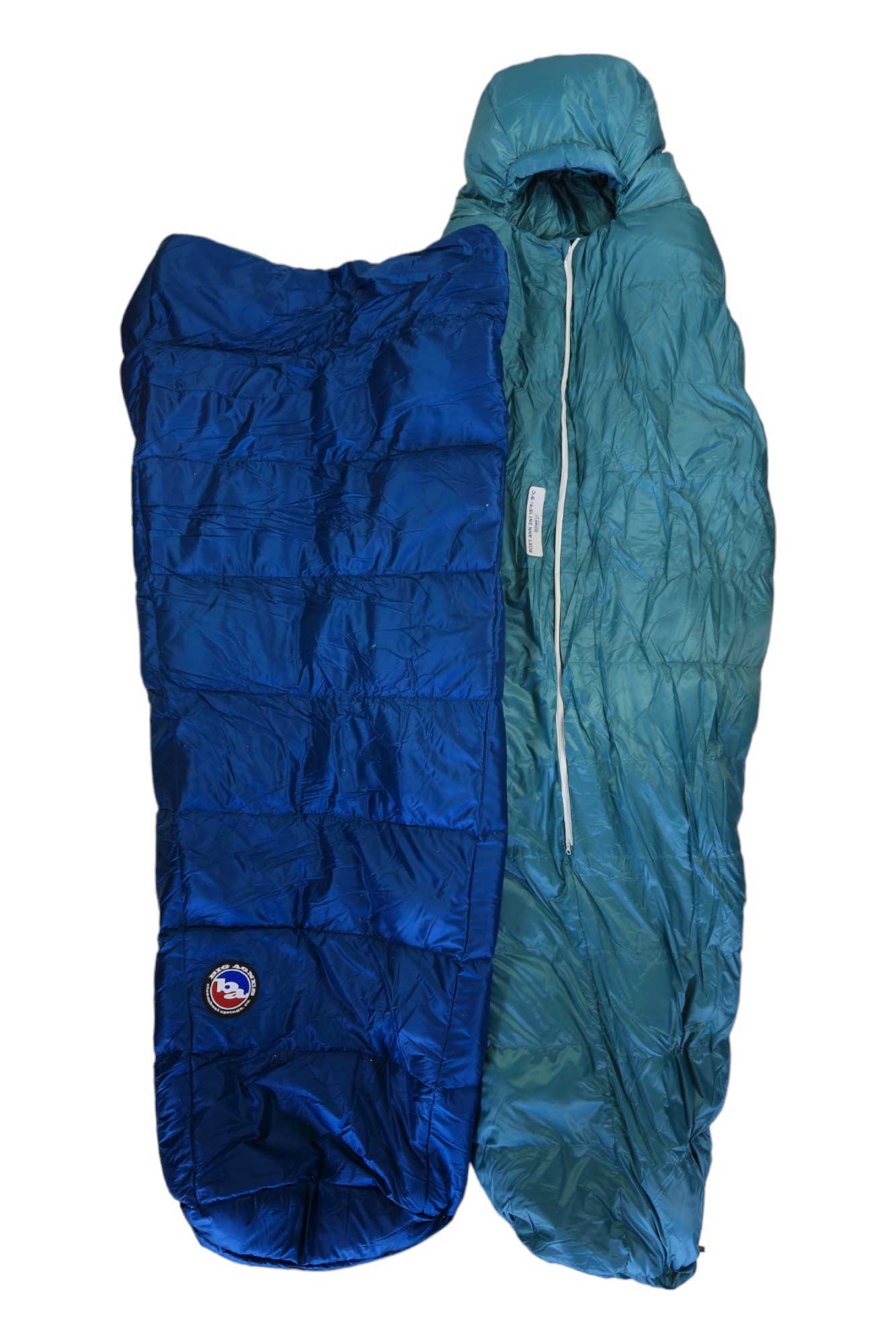Blue and teal sleeping bag with hood, zipper front and foot area