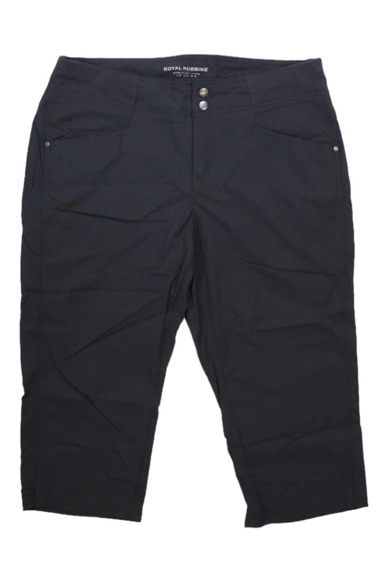 The Royal Robbins Womens Jammer II Capri, eco-friendly black capri pants for women with two front pockets, two buttons, and a zip fly, are displayed laid flat on a white background.