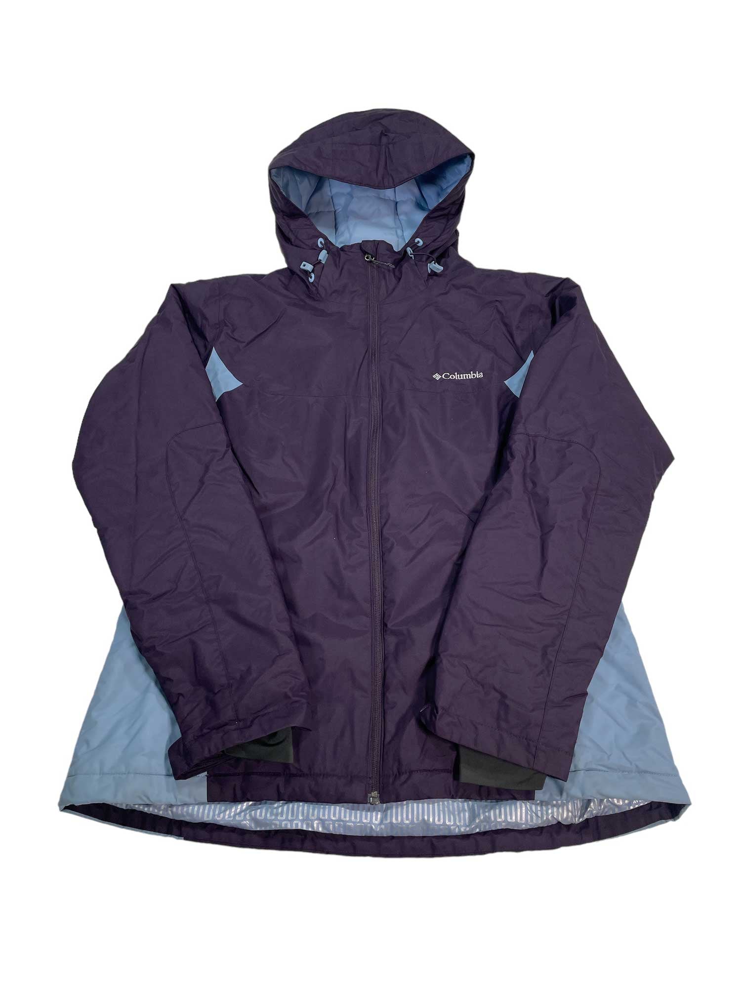 Women's insulated hooded jacket in dark purple, full-zip with logo on chest