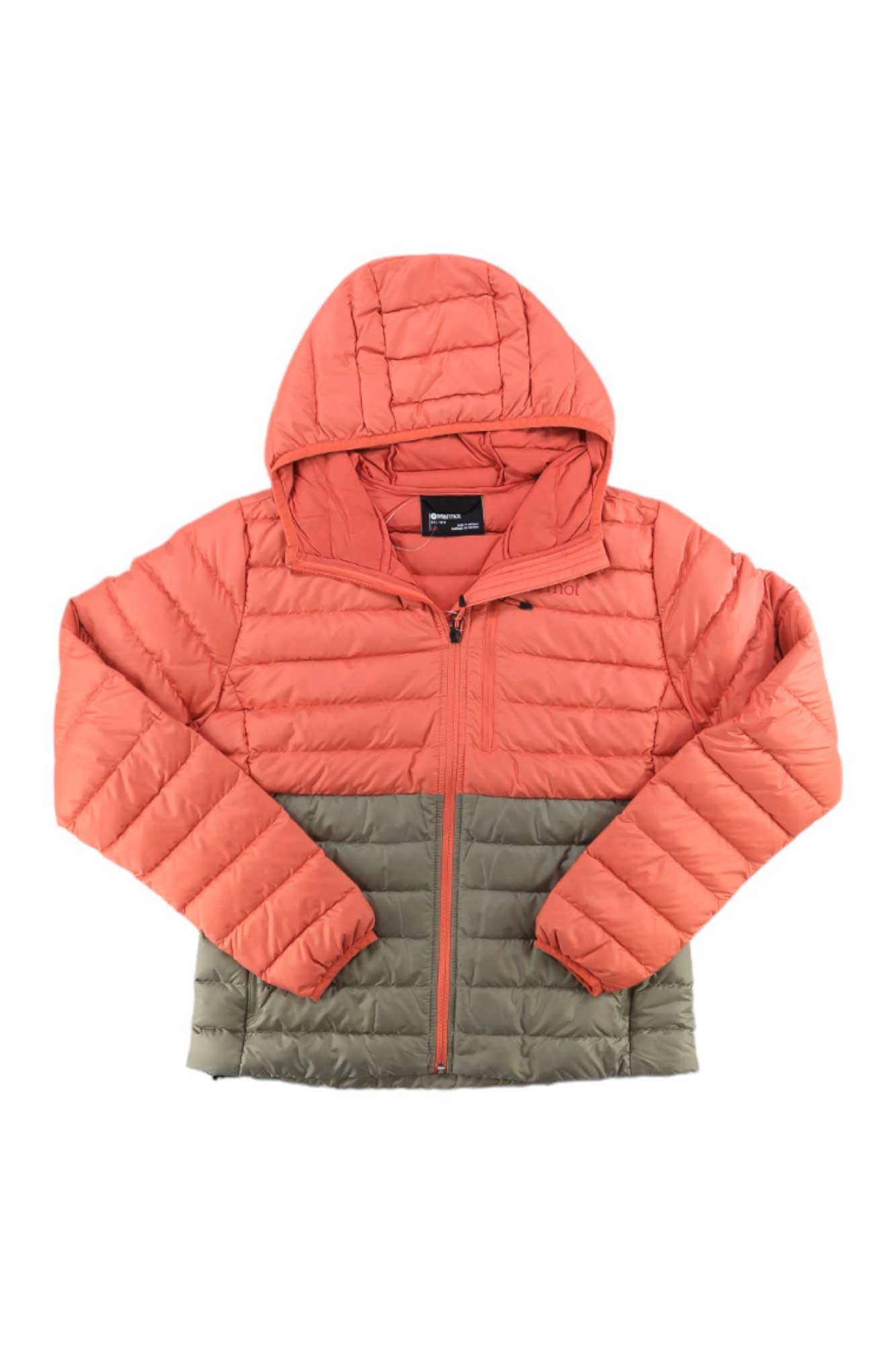 The Womens Highlander Down Hoody is a lightweight, windproof jacket with a hood. It features a color block design: orange on top and sleeves, olive green on the bottom, plus a chest zipper pocket and front zipper closure.