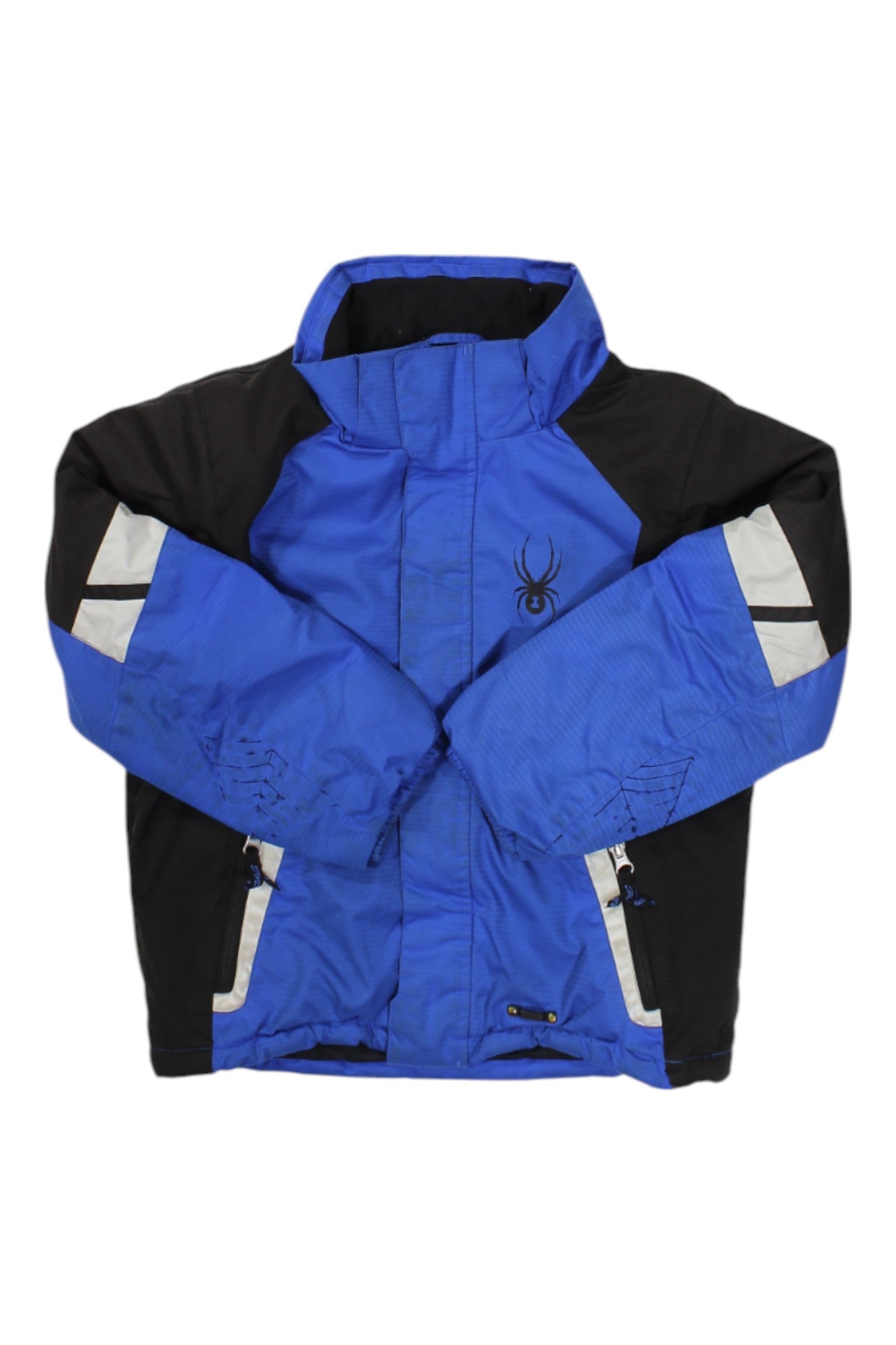 The Spyder Kids Full Zip Insulated Jacket is blue and black with white accents, zippered pockets, a high collar, synthetic insulation, water-repellent finish, and a black spider logo on the left chest.