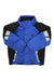 The Spyder Kids Full Zip Insulated Jacket is blue and black with white accents, zippered pockets, a high collar, synthetic insulation, water-repellent finish, and a black spider logo on the left chest.