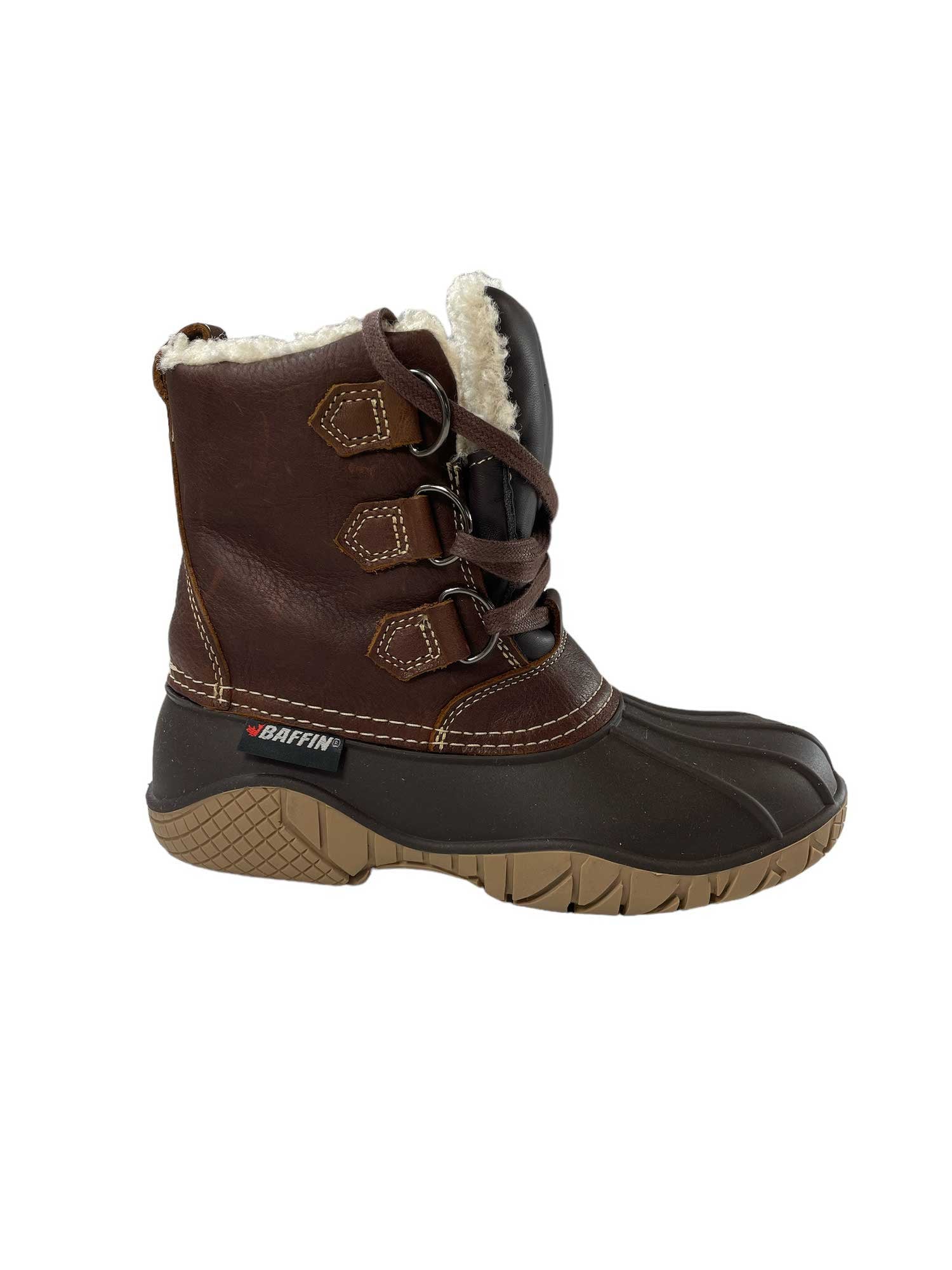 The Baffin Womens Yellowknife Boot features brown insulated leather, a black rubber lower, thick treaded sole, three lace hooks, white fleece lining, and a side logo—ideal for women needing durable waterproof boots.