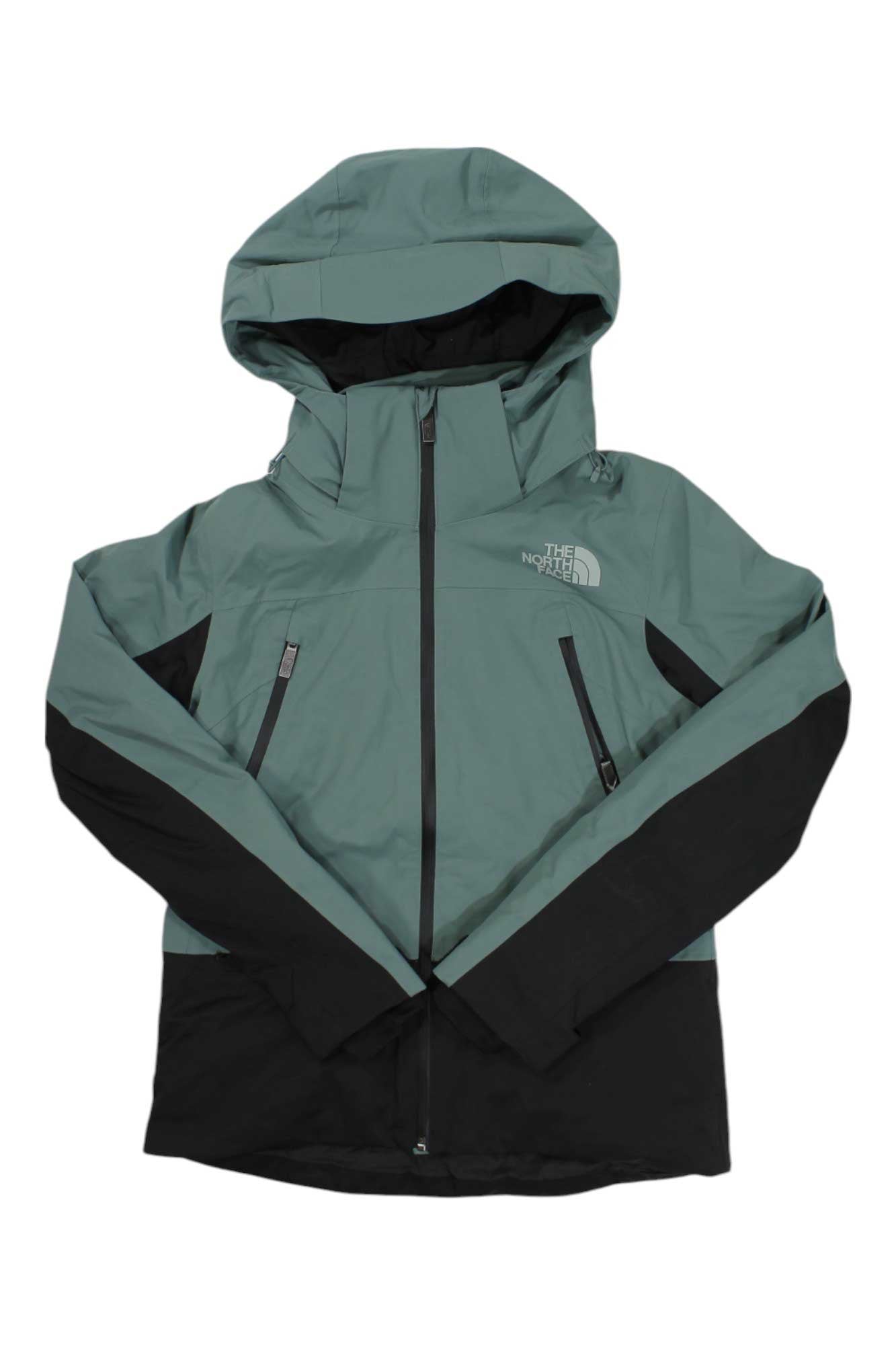 The North Face Womens Lenado Jacket is a green and black waterproof jacket featuring a breathable shell, front zipper, two diagonal zippered pockets, helmet-compatible hood, and The North Face logo on the chest.
