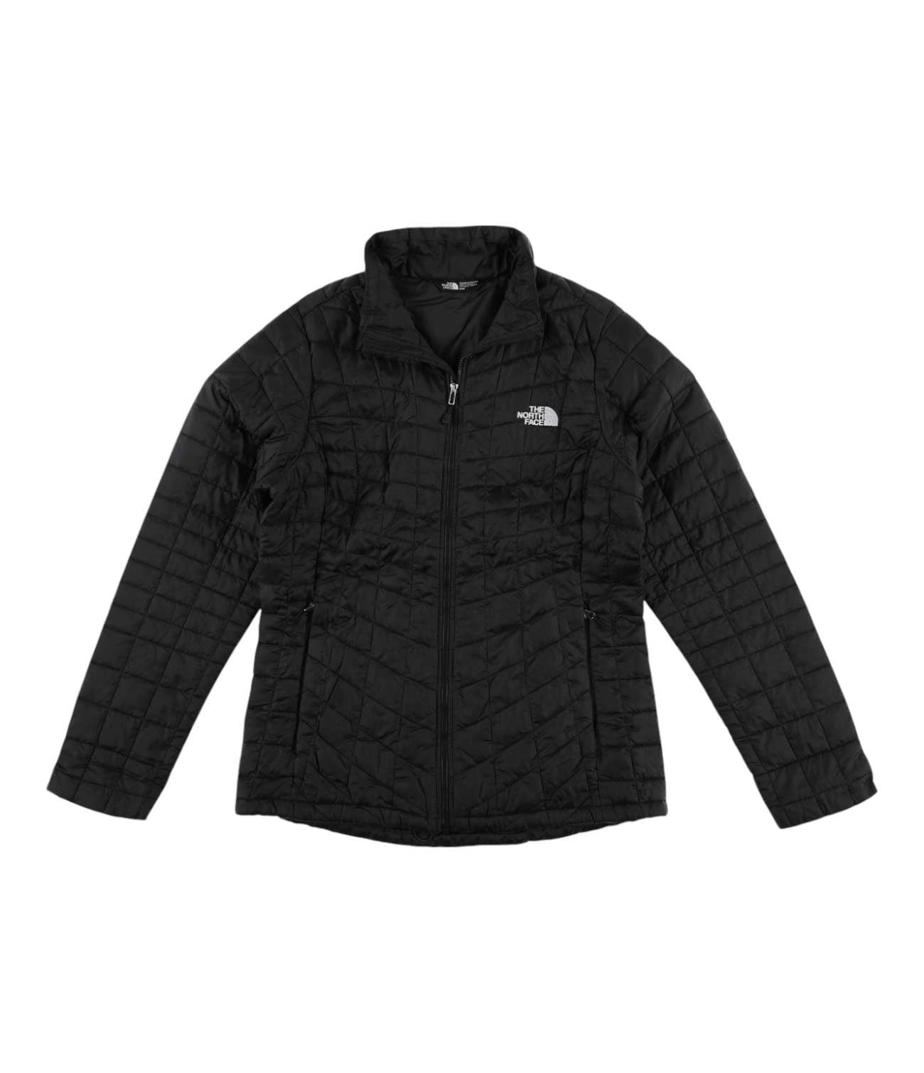 The North Face Women's ThermoBall Eco Jacket is a black, quilted jacket made from recycled nylon with synthetic insulation. It features long sleeves, a front zipper, stand-up collar, and the logo on the left chest.