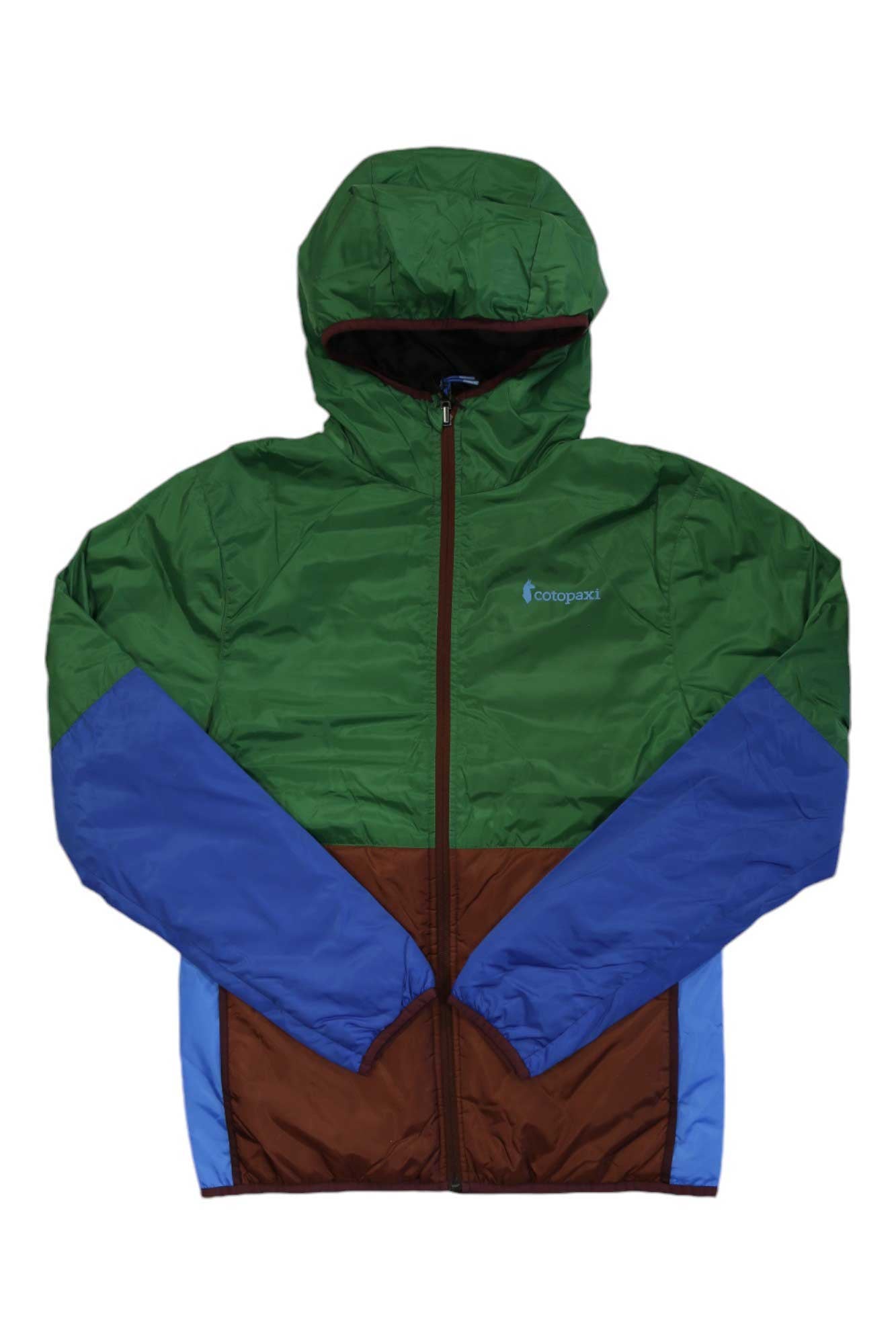 The Cotopaxi Mens Teca Calido Hooded Jacket is a packable, color-blocked jacket made from recycled materials, featuring a green hood/top, blue sleeves/sides, brown lower section, front zipper, and Cotopaxi logo on the left chest.