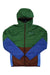 The Cotopaxi Mens Teca Calido Hooded Jacket is a packable, color-blocked jacket made from recycled materials, featuring a green hood/top, blue sleeves/sides, brown lower section, front zipper, and Cotopaxi logo on the left chest.