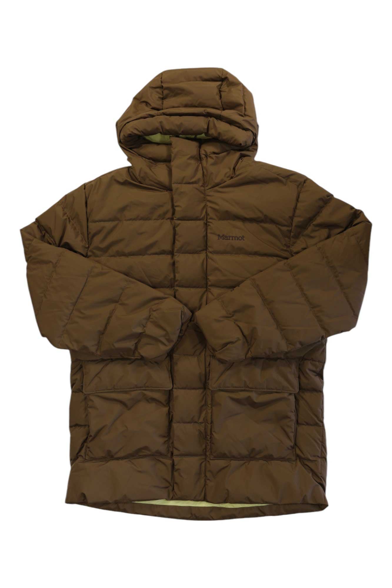 The Marmot Mens WarmCube GORE-TEX Golden Mantle Jacket is a brown quilted puffer with a hood, long sleeves, front zipper, 700 fill down for warmth and moisture protection, and a subtle chest logo.