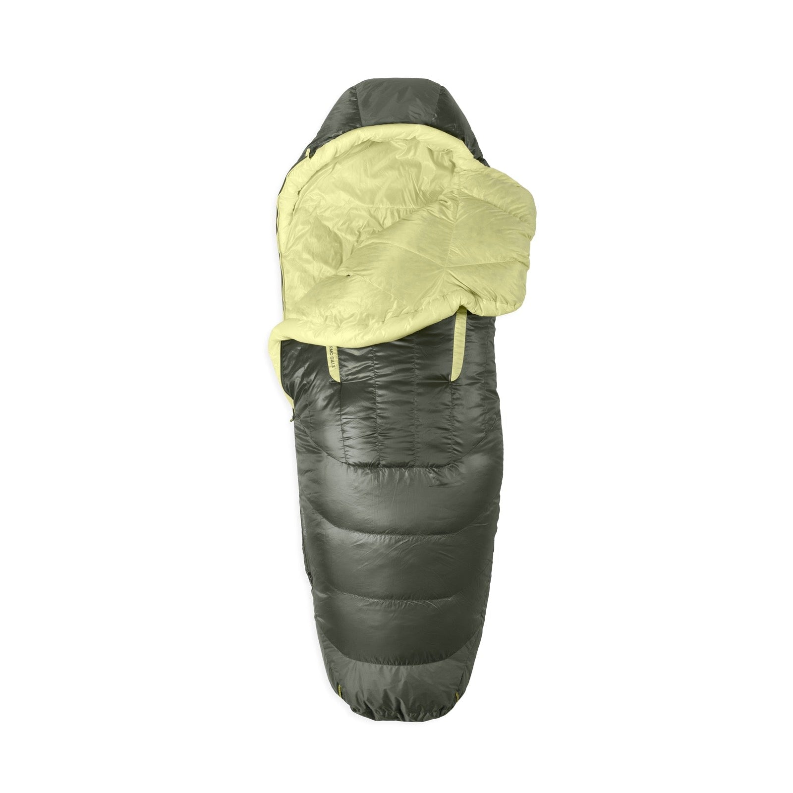 The Nemo Womens Disco 15 Sleeping Bag in green and light yellow is laid out flat with the top unzipped and folded back, highlighting its spacious interior designed for side-sleeping comfort.