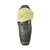 The Nemo Womens Disco 15 Sleeping Bag in green and light yellow is laid out flat with the top unzipped and folded back, highlighting its spacious interior designed for side-sleeping comfort.
