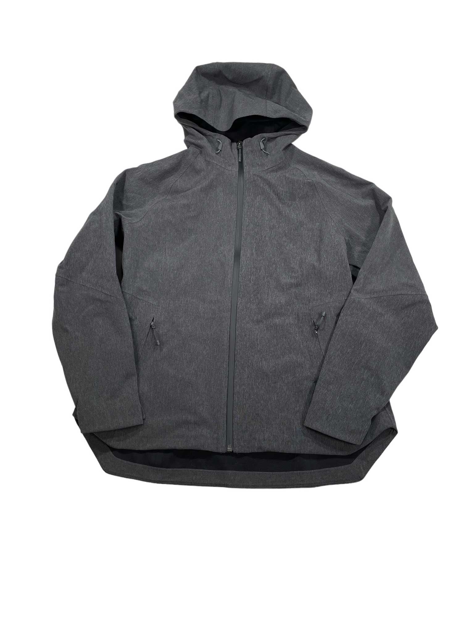 The Women's Apex Flex GTX Rain Jacket, shown on a white background, is dark gray, waterproof, and features a front zipper with two zippered side pockets.