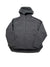 The Women's Apex Flex GTX Rain Jacket, shown on a white background, is dark gray, waterproof, and features a front zipper with two zippered side pockets.
