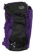 Purple and black snow pack backpack with front straps and top zip pouch