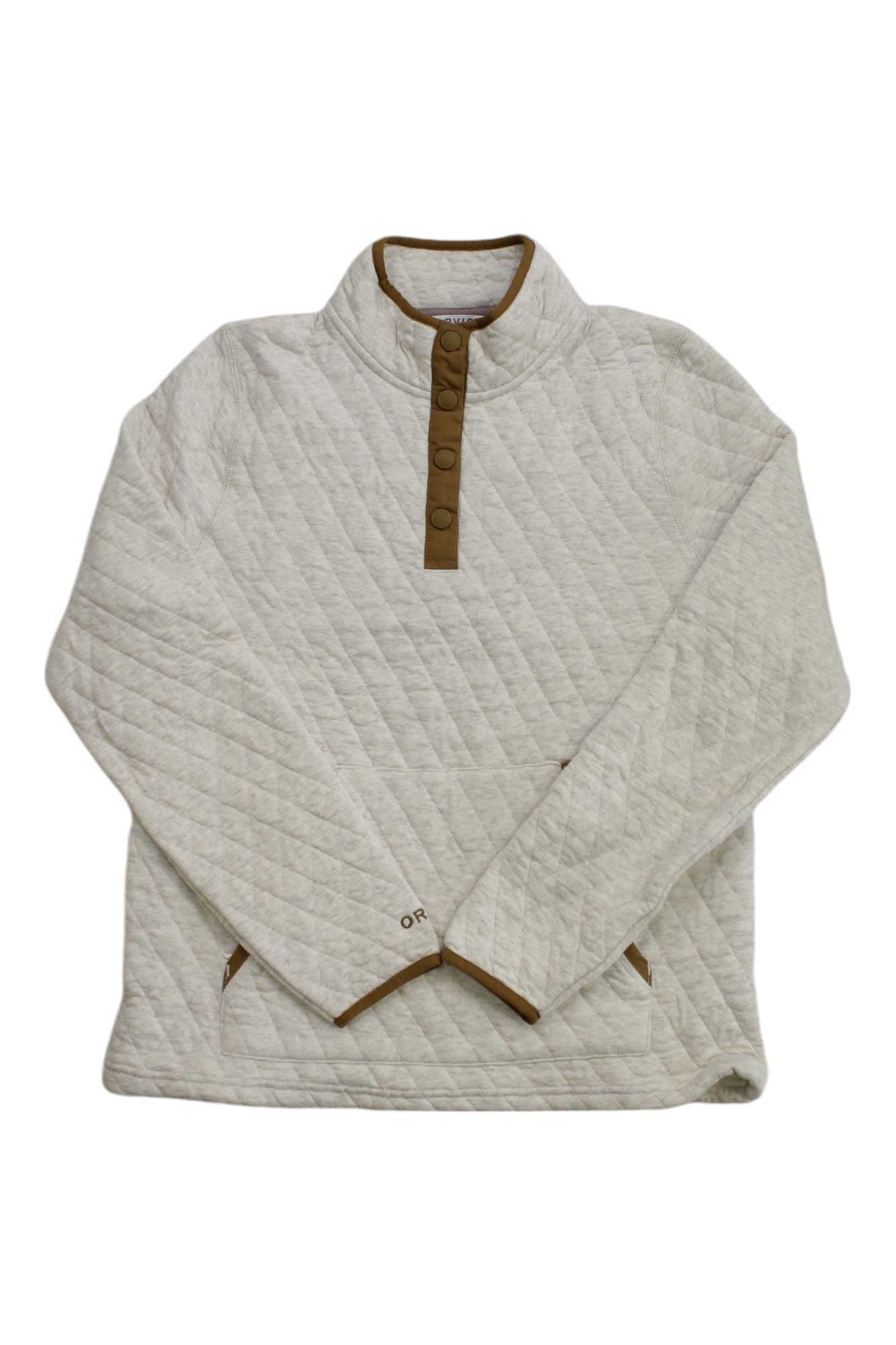 Women’s quilted quarter-snap sweatshirt in light oatmeal with stand collar