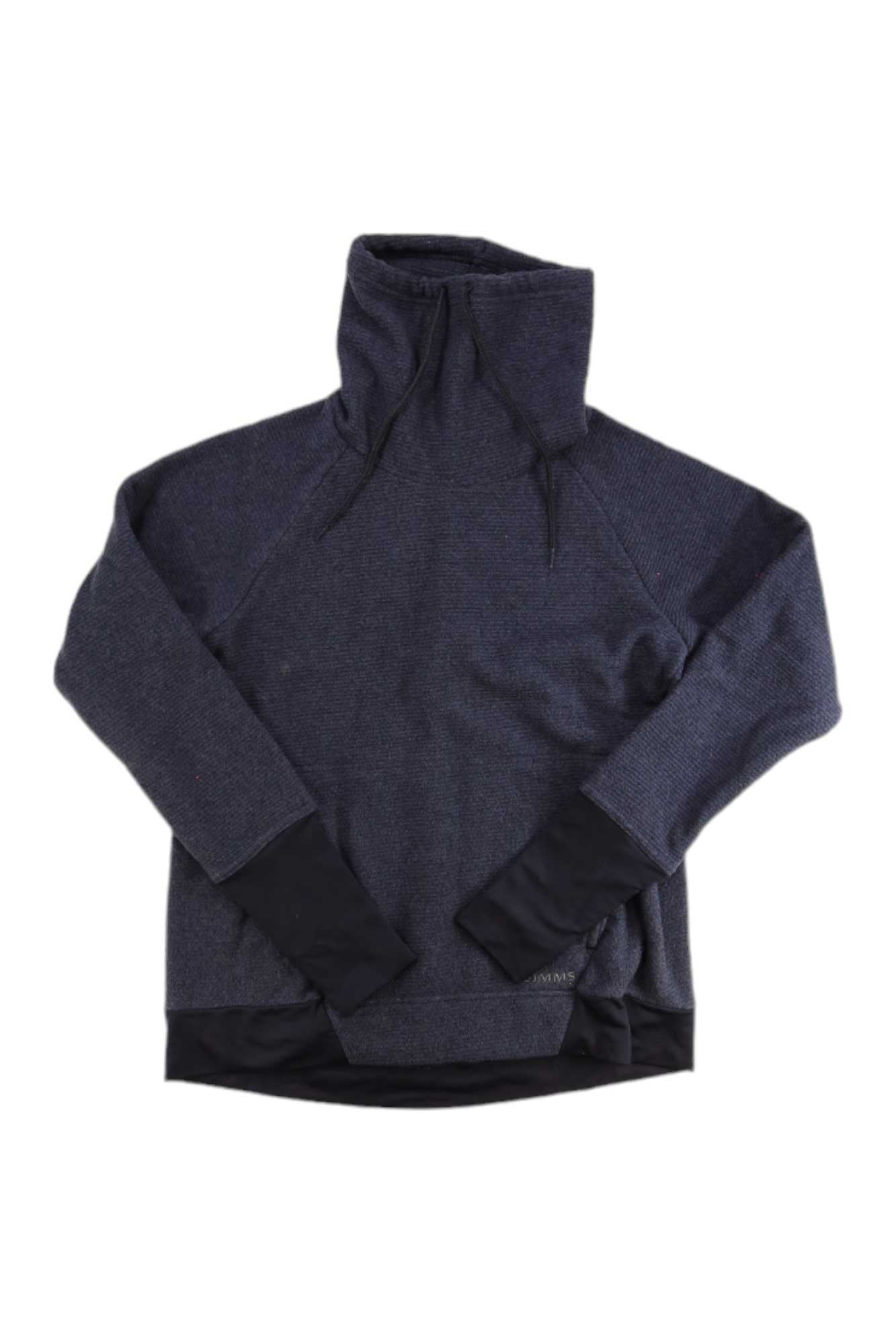 A Simms Womens Rivershed Sweater in dark blue, featuring long sleeves, a high collar with drawstrings, and black cuffs and hem, designed for fishing or hunting, is laid flat on a white background.