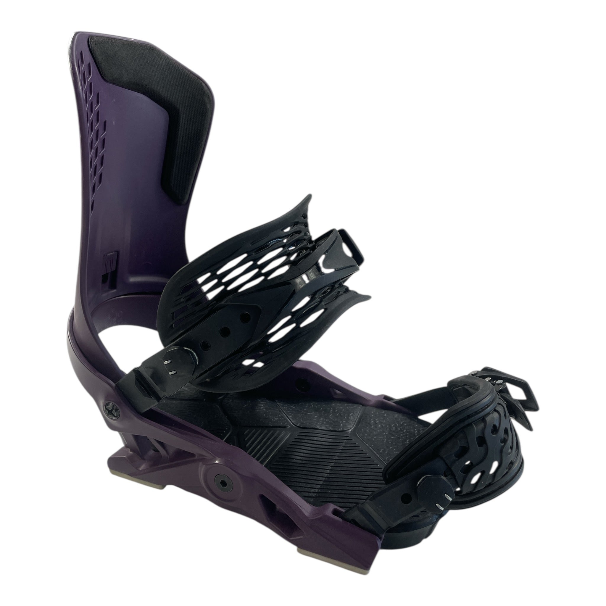 The YES Conda Snowboard Bindings, in purple and black, feature adjustable straps, a responsive baseplate, and a high back to secure your boot. Shown angled to reveal both the side and top views.