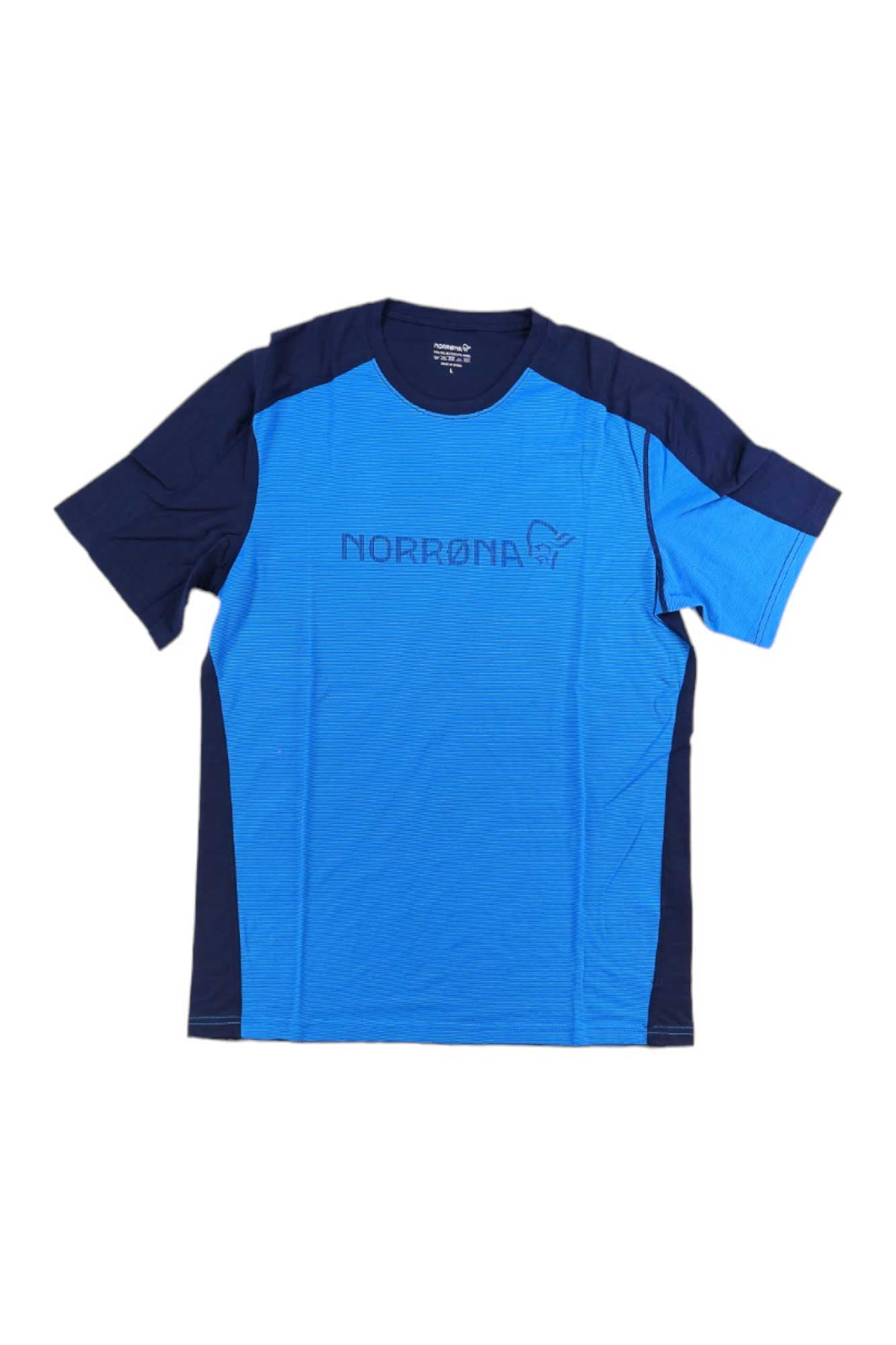 Men's merino equaliser t-shirt, blue with dark shoulder panels and chest logo