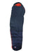 Long left sleeping bag with navy fabric and orange foot opening, red-trim label