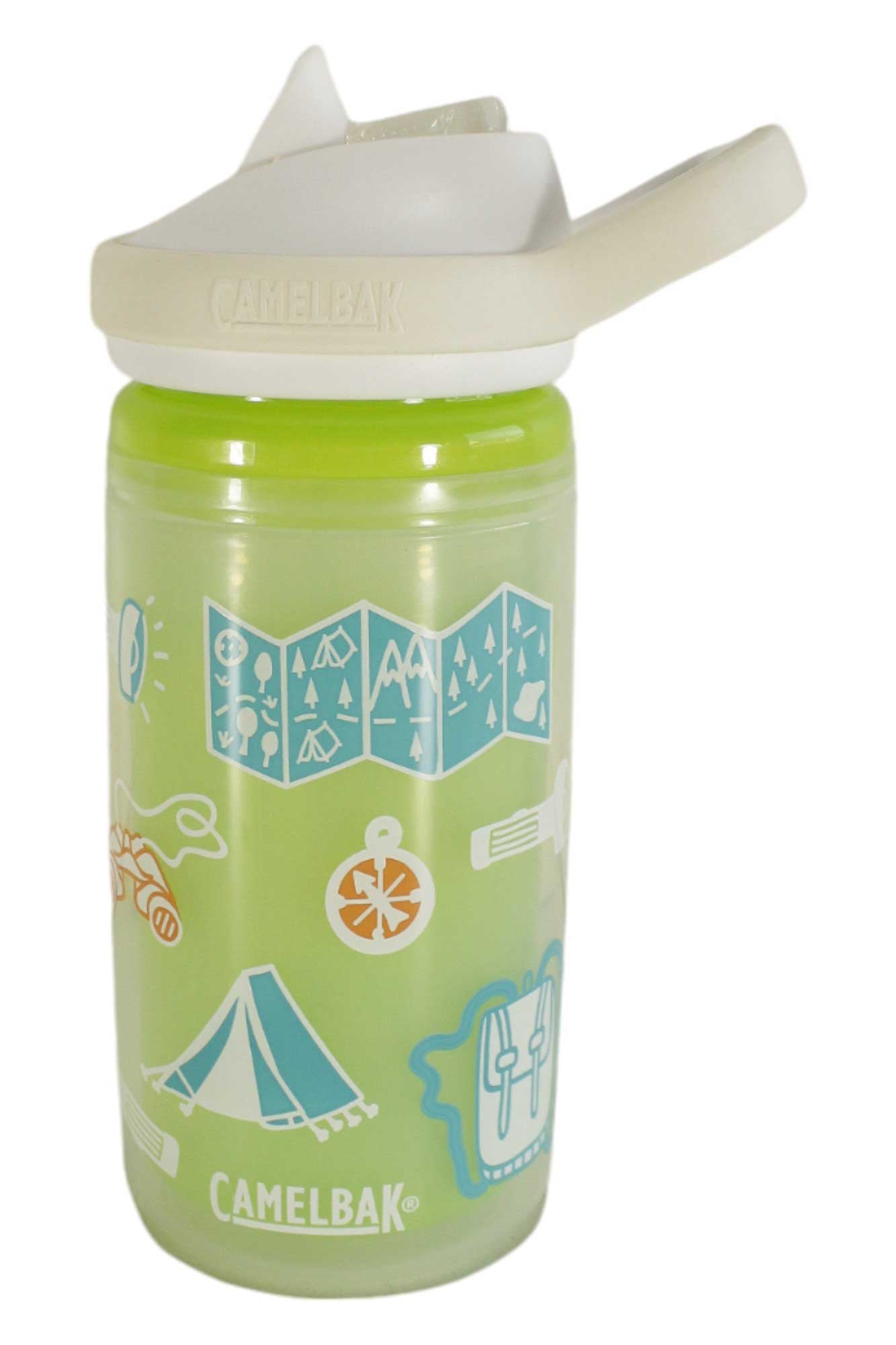 The CamelBak Kids' Eddy+ Insulated Water Bottle is green with a white lid and straw, decorated with blue and white outdoor-themed illustrations. BPA free and leak-proof, it's perfect for young adventurers.