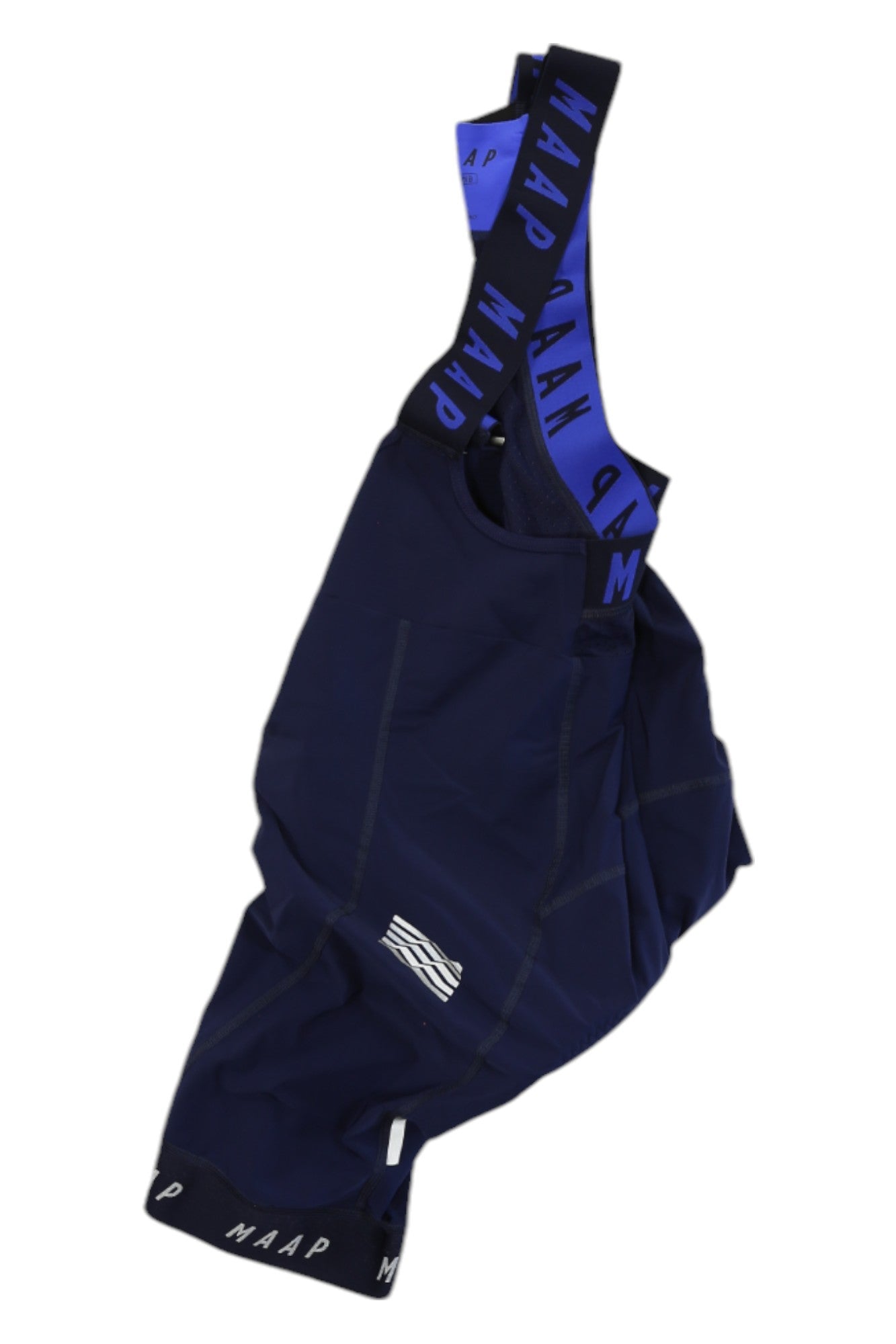 The Maap Pro Bib features navy blue shorts with black and blue straps, bold MAAP lettering, white stitched logos on the lower leg and side, and chamois padding for comfort. Displayed laid flat on a white background.