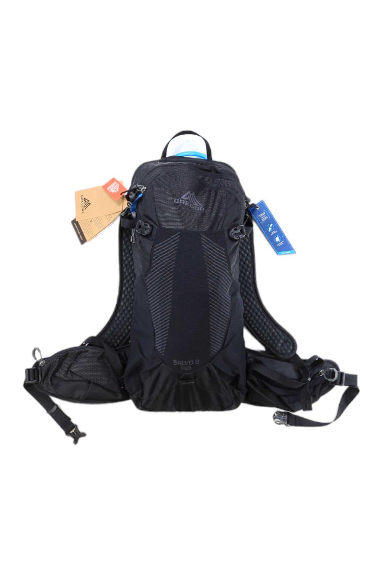 The Gregory Salvo 8 Hydration Pack, a black hiking backpack with multiple straps, mesh padding, ventilated suspension, and attached product tags, is shown against a white background.
