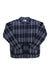 The Mens Lanigan Flannel Chore Coat is a long-sleeve, button-up coat in blue, black, and white plaid with two large front pockets and a collar—crafted from recycled materials and shown on a white background.