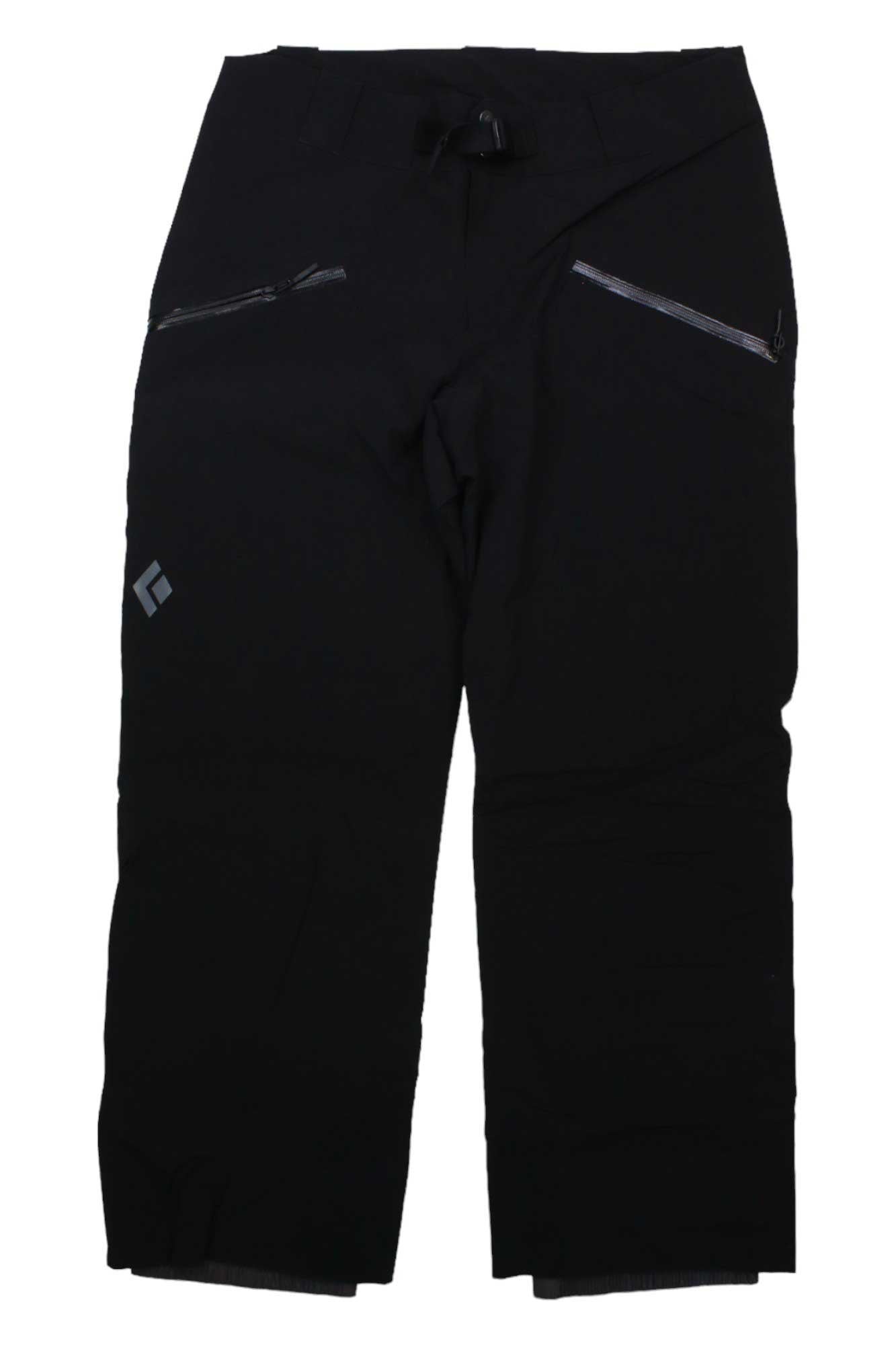 The Black Diamond Men's Recon Stretch Insulated Pant, in black, features zippered pockets and a small geometric logo on the thigh, displayed flat against a white background.