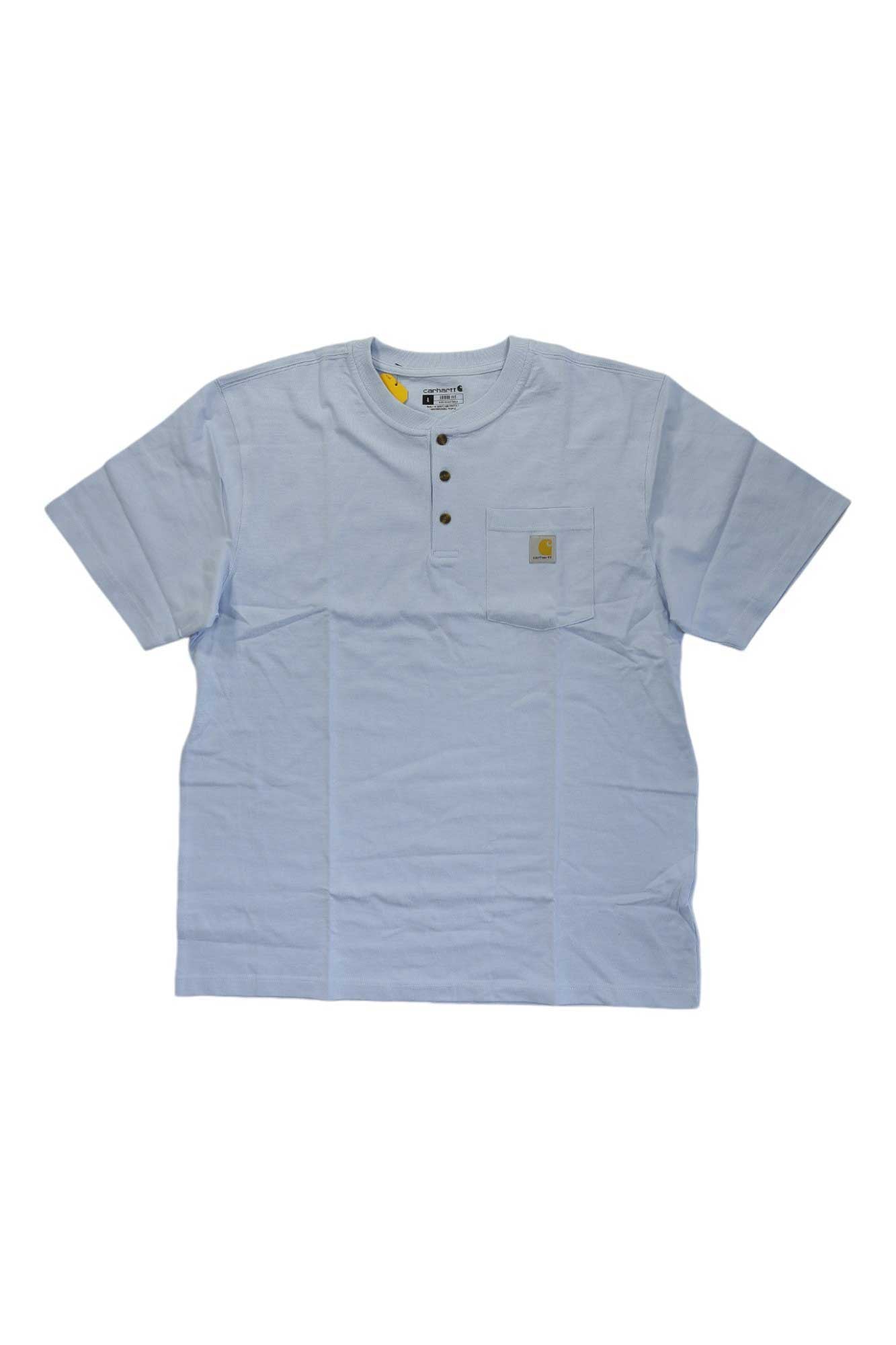 The Carhartt Men's Workwear Pocket SS Henley Top in light blue features a three-button collar and a small chest pocket with a square logo patch—perfect for any men's workwear wardrobe. Displayed flat on a white background.