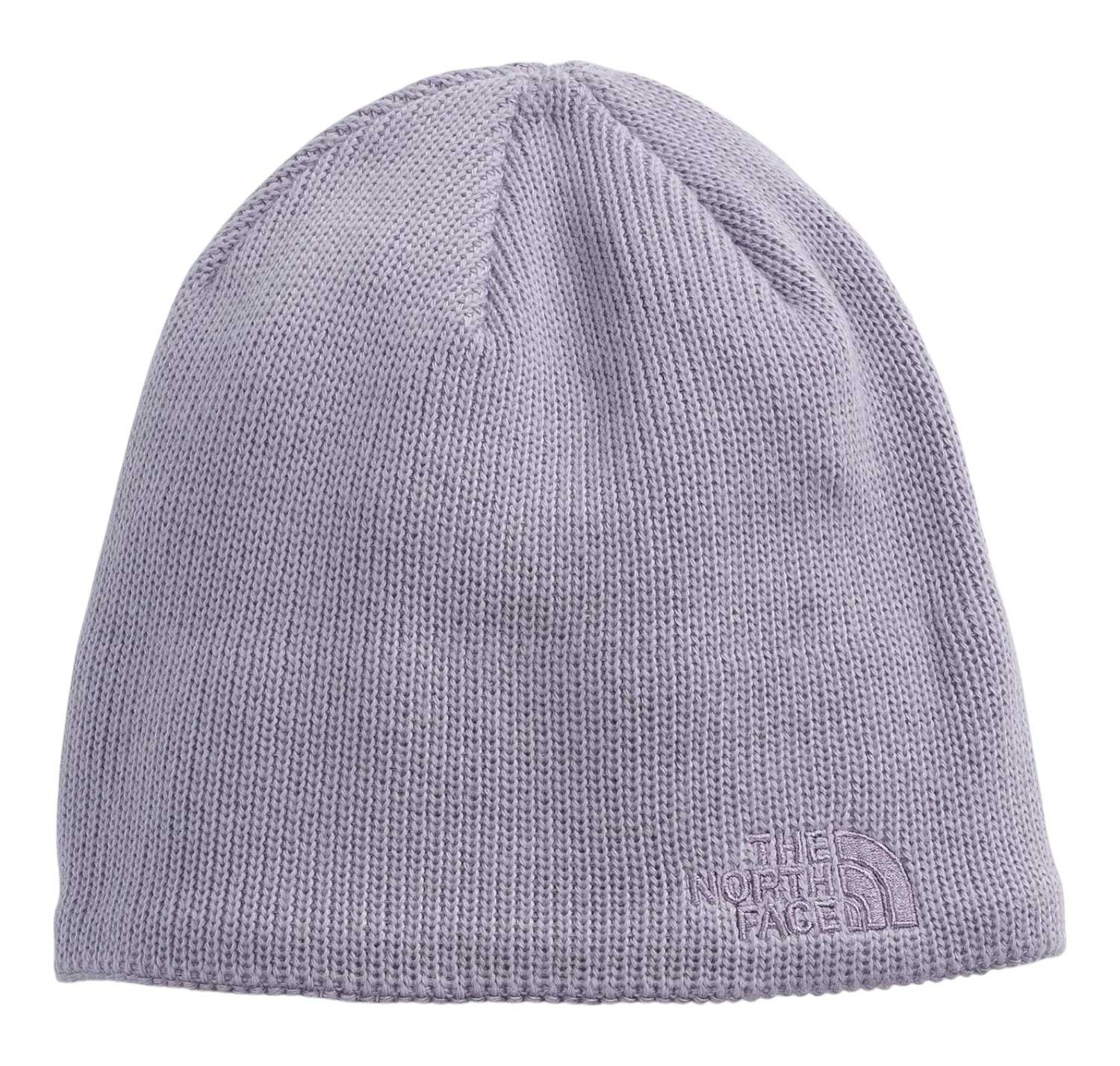 Recycled knit beanie, light gray with The North Face logo at cuff.