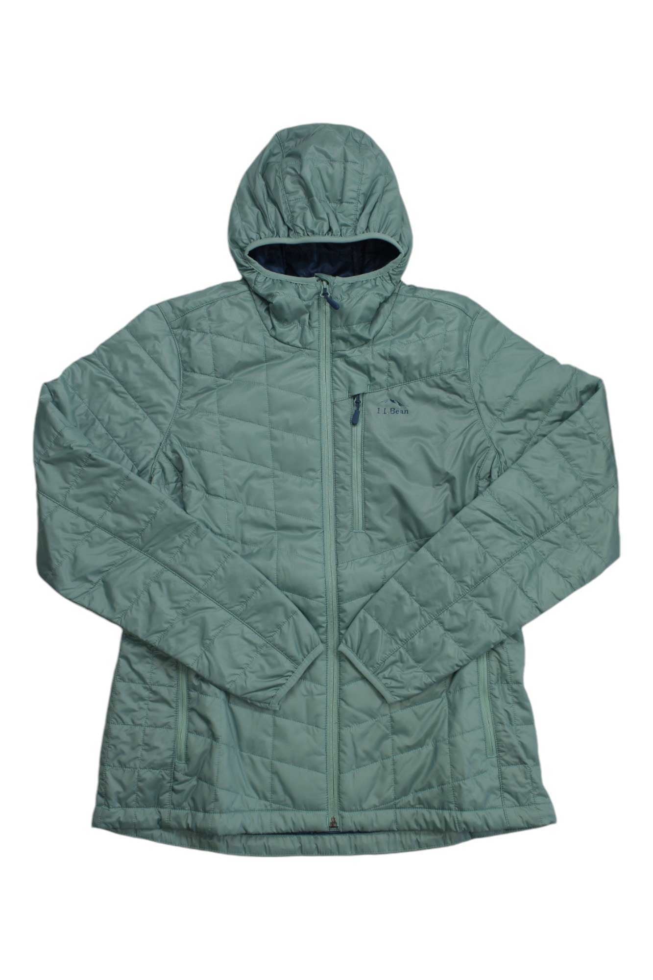 The L.L.Bean Womens Primaloft Packaway Hooded Jacket in light green features long sleeves, a front zipper, chest pocket, and subtle stitching. Made from recycled ripstop polyester and shown on a white background.