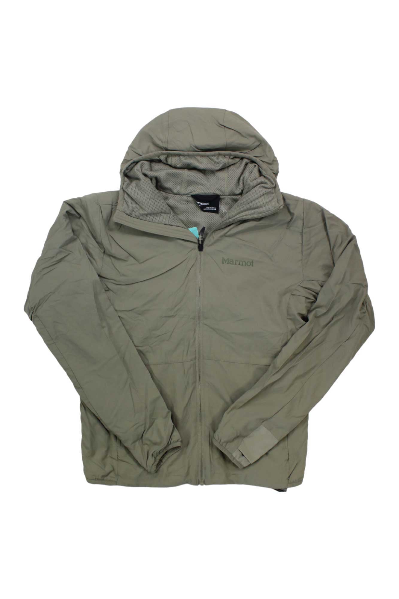 Light olive green Marmot Men's Alt HB Hoody hiking jacket, made from recycled nylon with a front zipper, long sleeves, and subtle chest branding, shown laid flat on a white background.