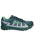 Teal trail running shoe with dark toe, mint laces, and speckled outsole tread